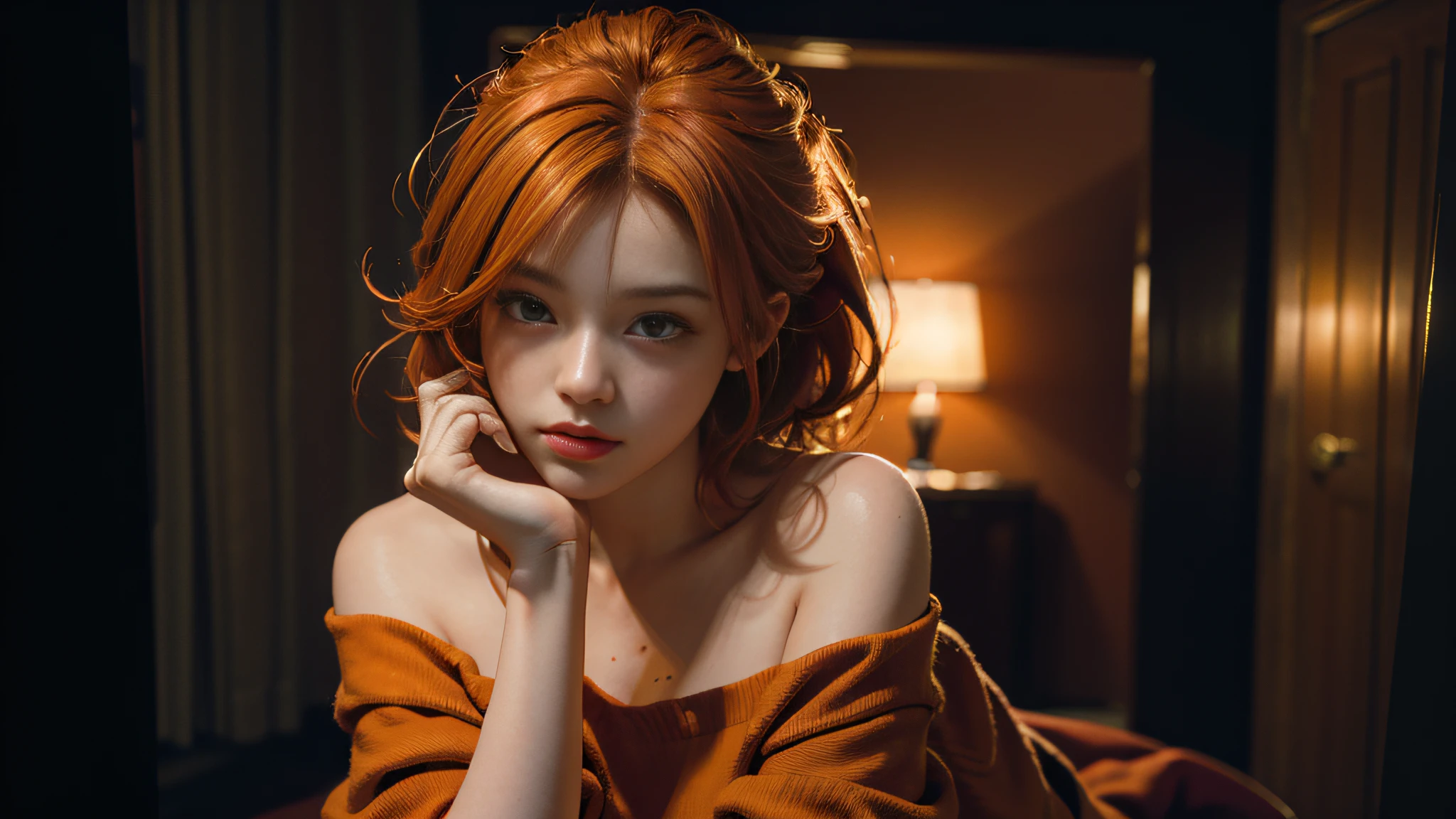 Best quality, masterpiece, ultra high res, (photorealistic: 1.4), raw photo, 1girl, off shoulder, cinematic lighting, kissing poses, (orange hair)