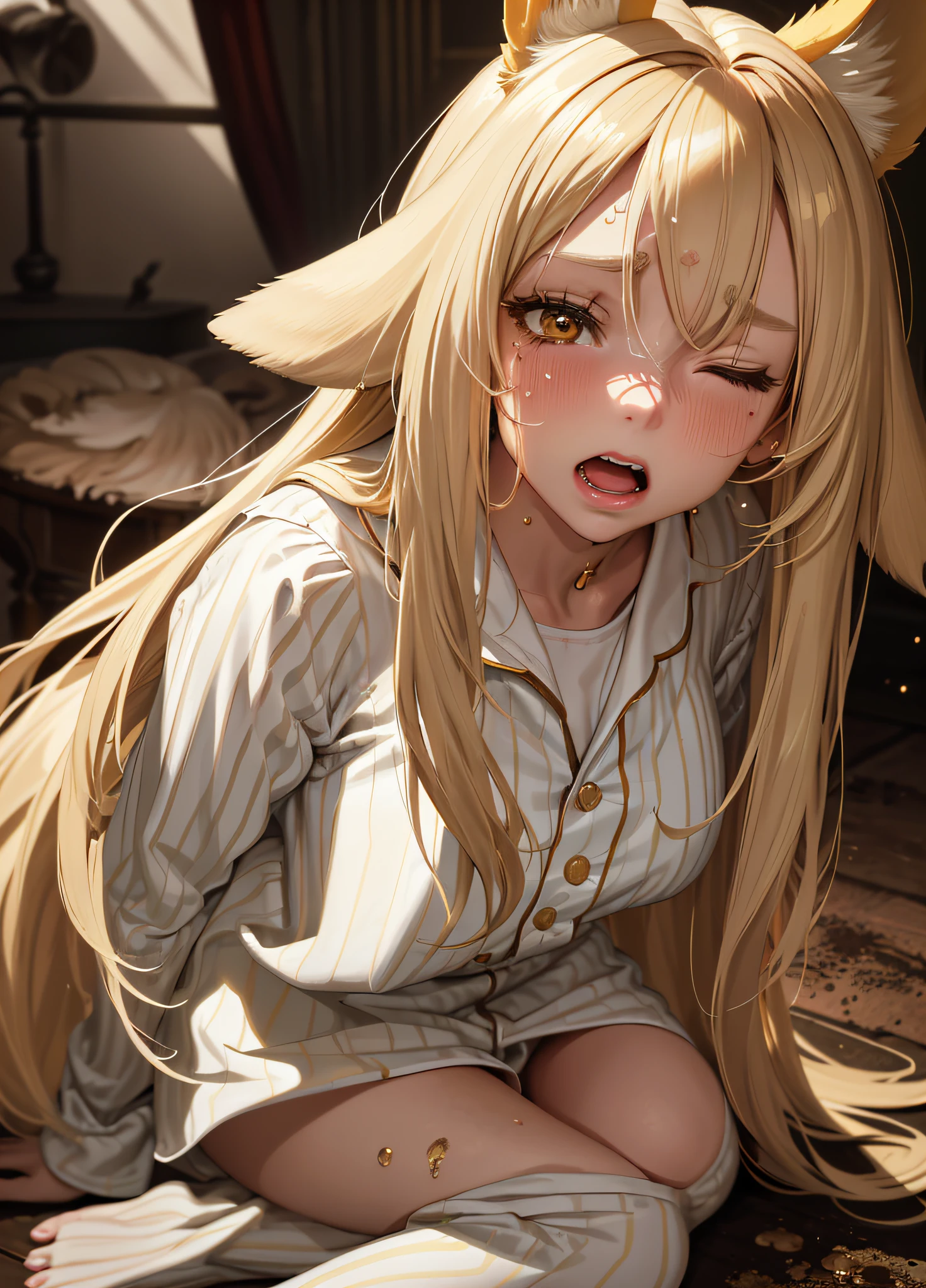 Masterpiece, (highest quality), Alone, (Young Woman), Solo, Blonde Long Straight Hair, Big, Dog Ears, (Golden Eyes), (Pajamas with green and white stripes), (More facial close-up images)), Looking very distressed, Eyes closed, Screaming, Mouth wide open, (Red cheeks)), (Very sweaty), (Very dark)), (Midnight Room))), On the bed, ( ((((feces)))))))