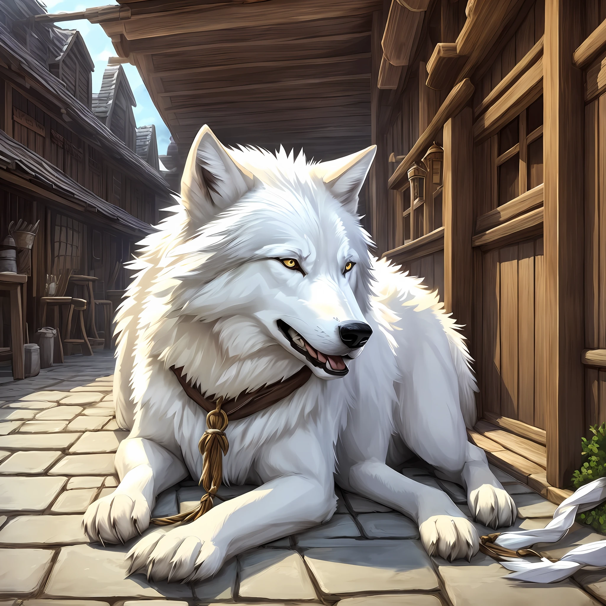Gigantic white wolf tied up lying outside a tavern, Realisitc, Full HD, Best Quality.