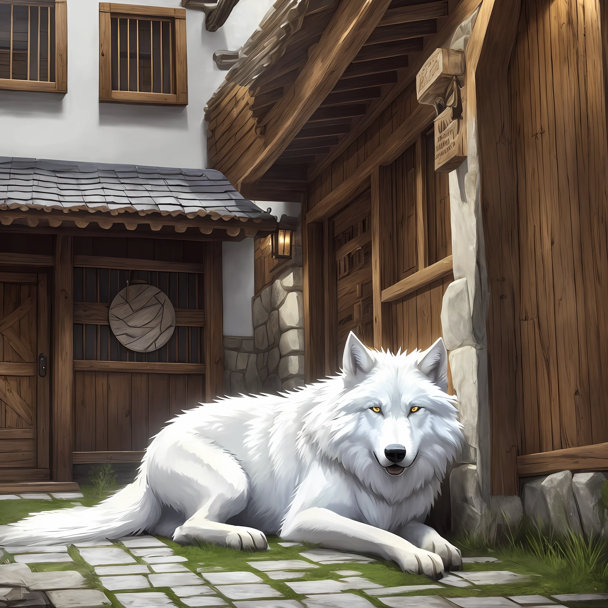 Gigantic white wolf tied up lying outside a tavern, Realisitc, Full HD, Best Quality.