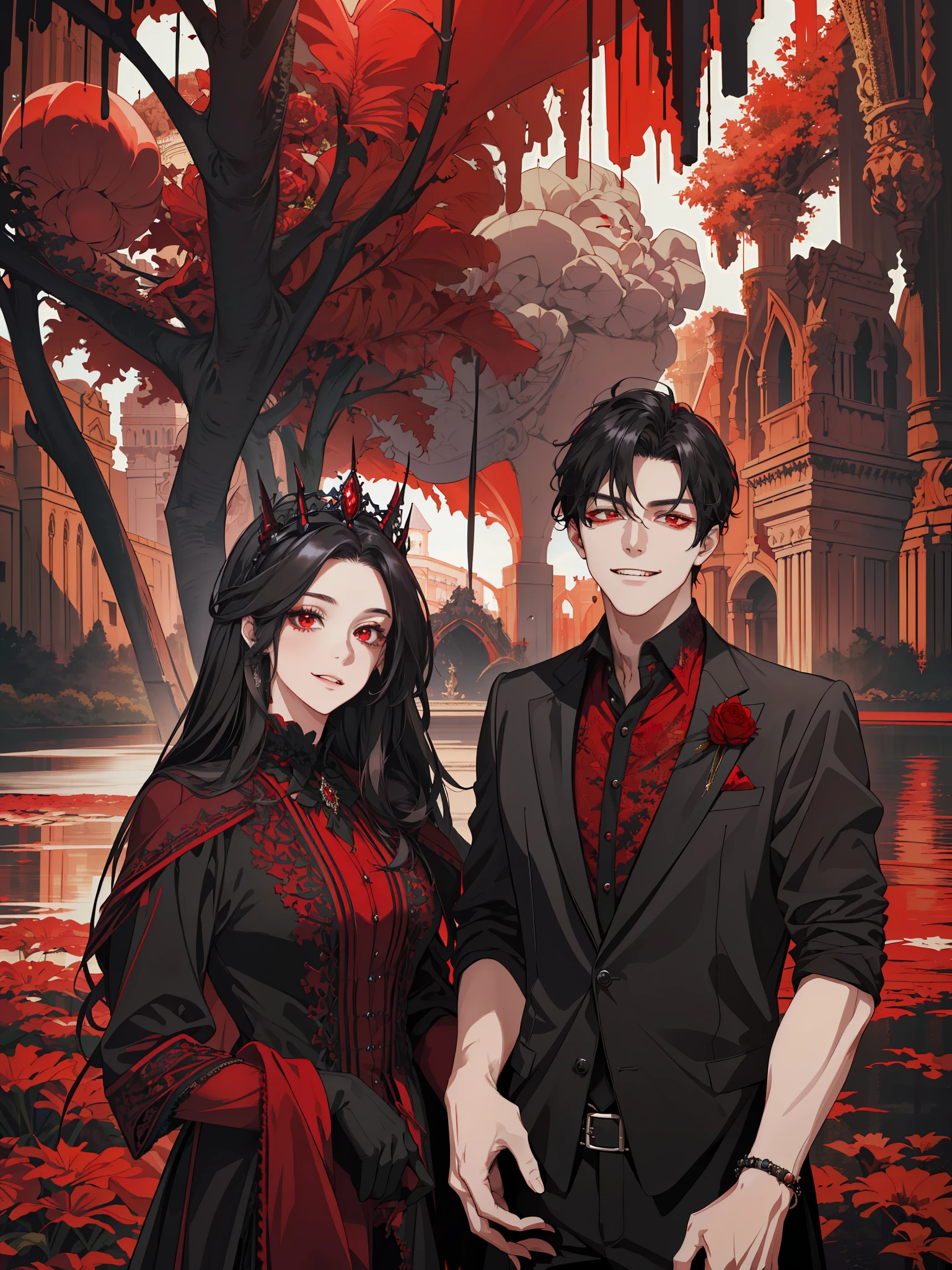 (masterpiece, best quality, highres, Sweet couple, beautiful girl, young boy, evil smile, vampire queen and vampire king, vampire wedding, red devil crown, luxurious clothing, res theme, black hair, detailed hair, red eyes, detailed eyes, detailed face, highly detailed, red and black background