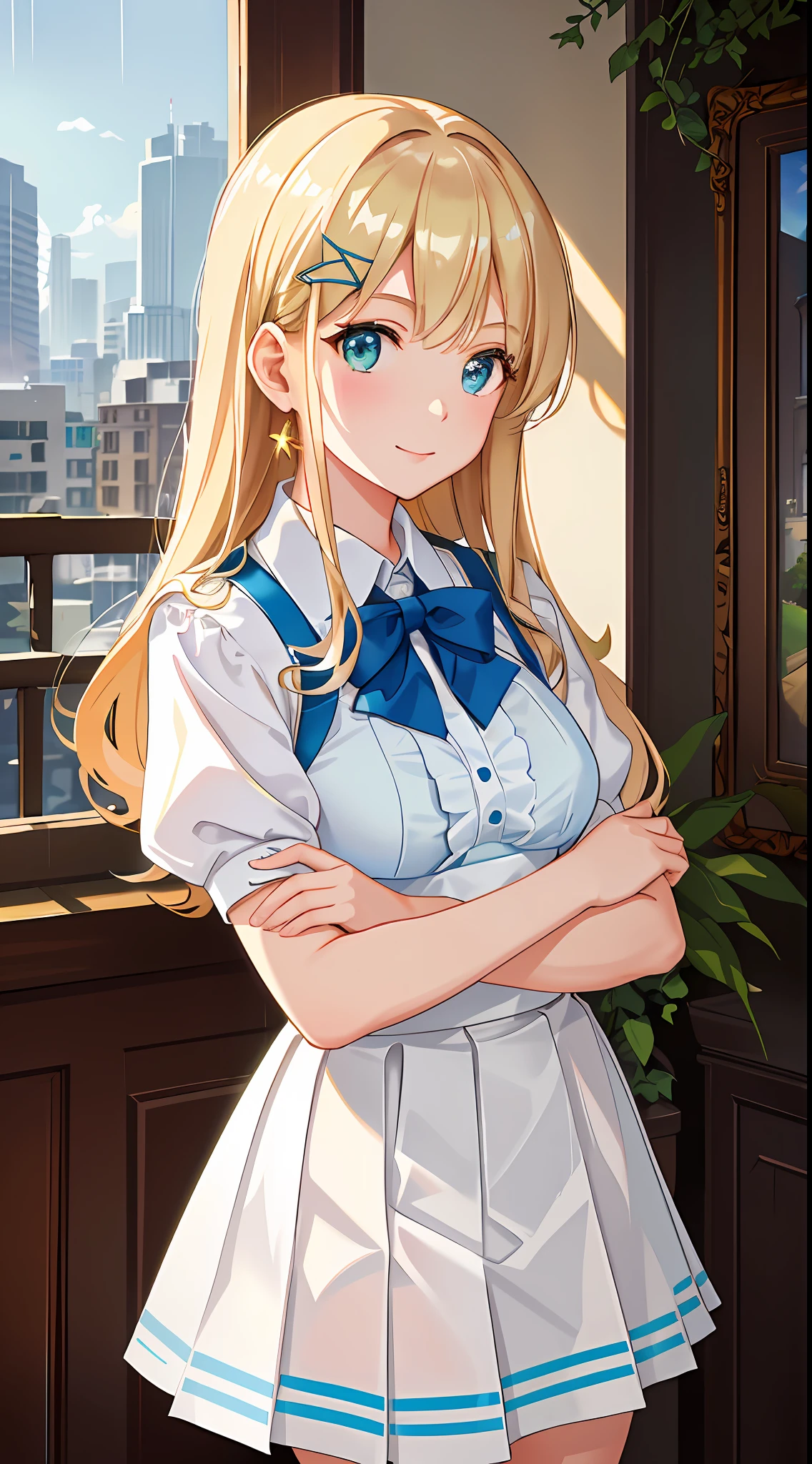 (((Masterpiece: 1.5, Best Quality, High Resolution: 1.3, Super Resolution, Super Detail, Super Detail: 1.3, Rich Background: 1.2))), ((Face Close-up)), 1 Girl, Solo, Green Eyes, Long Blonde Hair with Blue Ribbon, Blunt Bangs, Cute Hairpins, Clear White Serafuku, Red Sailor Collar, Short Sleeves, Blue Pleated Skirt, White Bra, (Outdoor), (Rain: 1.2)), ((Downtown)), (Crowd), Landscape, ((Night)), Dark, (Low light: 1.1), Moon, ((Dynamic light: 1.4)), a beautiful woman from a scholarly family, she stands in a library full of books and cultural works of art, shelves full of various books, various paintings and sculptures on the walls. Sunlight shone on her face through the window, making her look more lively and full of life. The style is photography, using a standard lens, with an aperture of f/2.8, a shutter speed of 1/125 sec., and an ISO of 200.