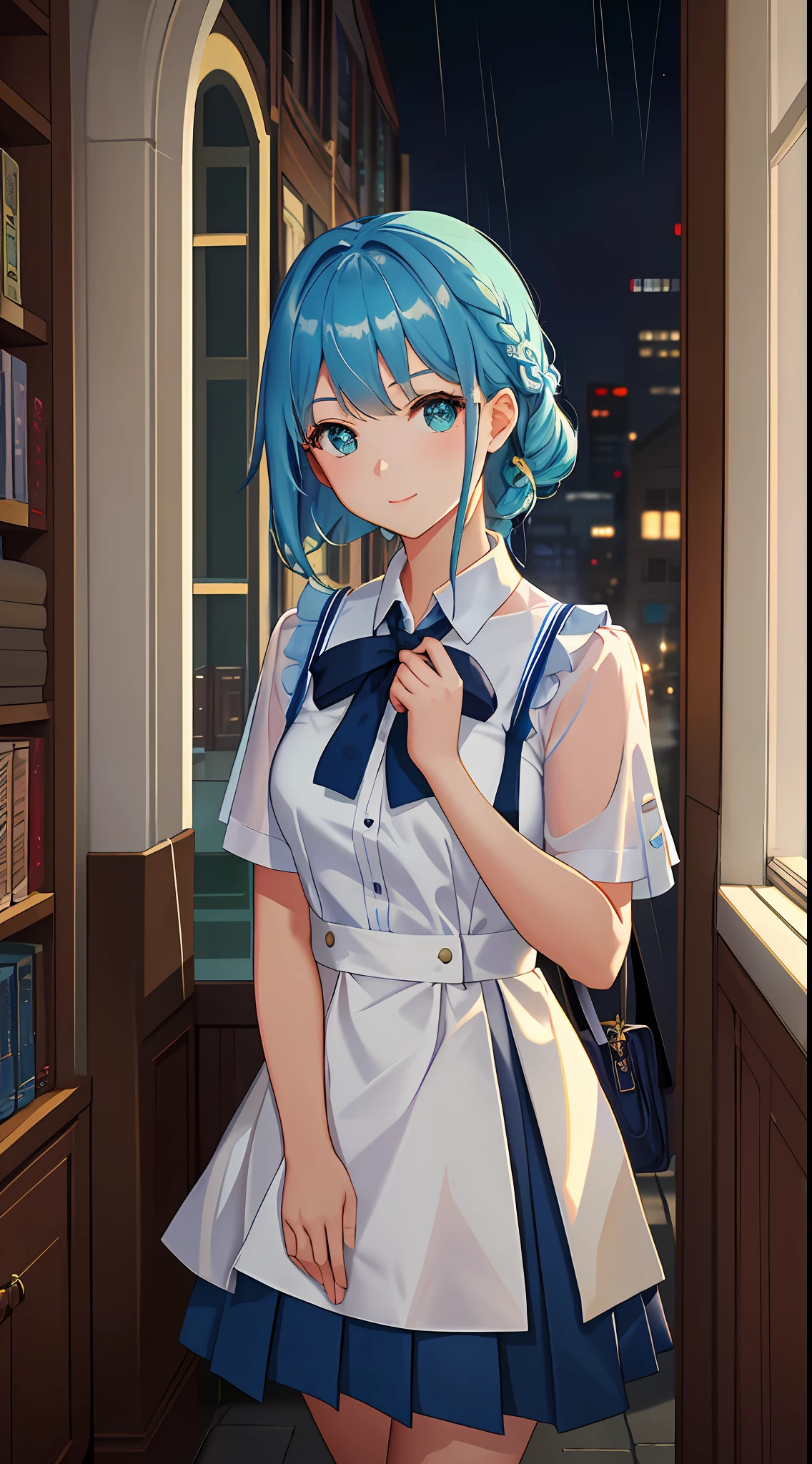 (((Masterpiece: 1.5, Best Quality, High Resolution: 1.3, Super Resolution, Super Detail, Super Detail: 1.3, Rich Background: 1.2))), ((Face Close-up)), 1 Girl, Solo, Green Eyes, Long Blonde Hair with Blue Ribbon, Blunt Bangs, Cute Hairpins, Clear White Serafuku, Red Sailor Collar, Short Sleeves, Blue Pleated Skirt, White Bra, (Outdoor), (Rain: 1.2)), ((Downtown)), (Crowd), Landscape, ((Night)), Dark,  (Low light: 1.1), Moon, ((Dynamic light: 1.4)), a beautiful woman from a scholarly family, she stands in a library full of books and cultural works of art, shelves full of various books, various paintings and sculptures on the walls. Sunlight shone on her face through the window, making her look more lively and full of life. The style is photography, using a standard lens, with an aperture of f/2.8, a shutter speed of 1/125 sec., and an ISO of 200.