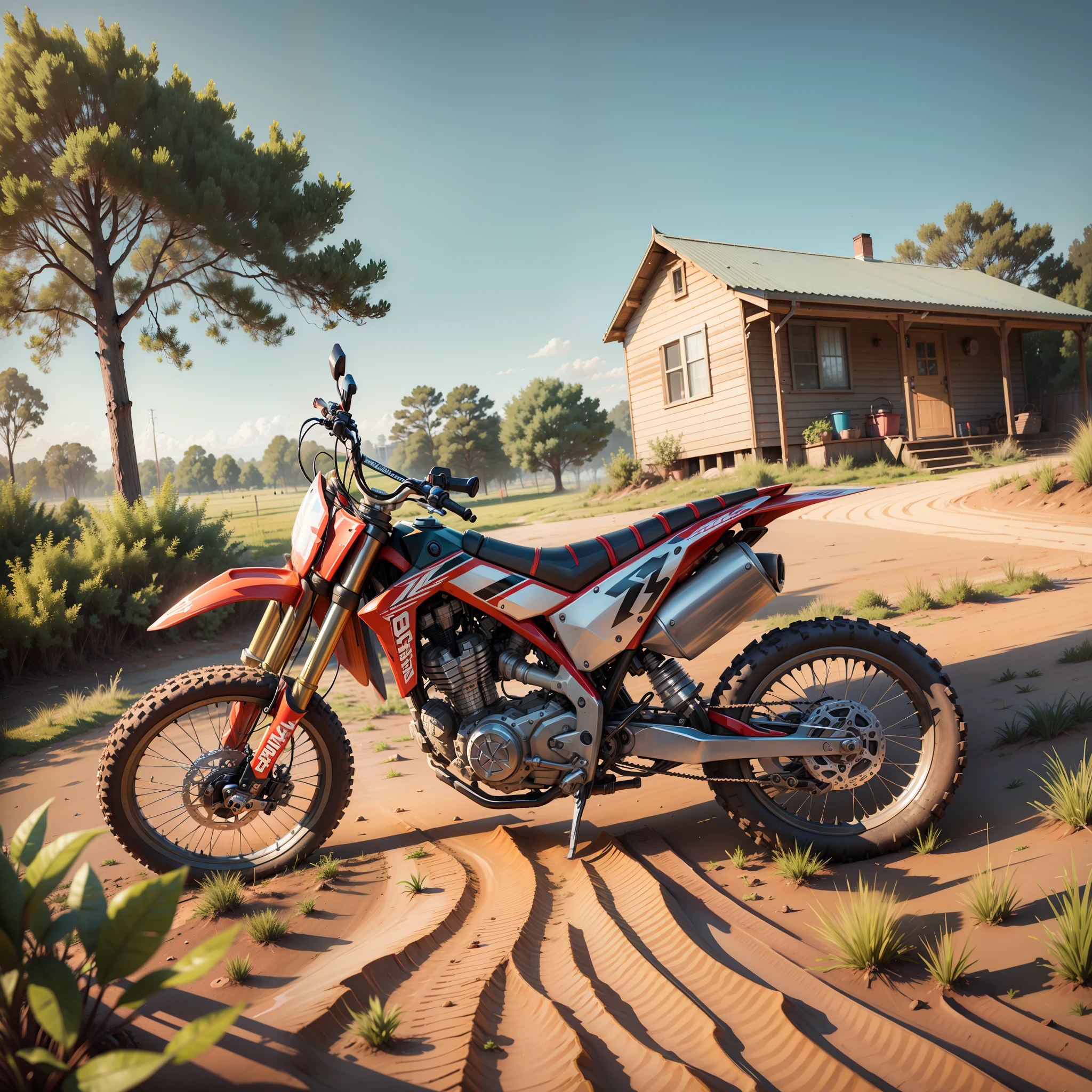 Dirt bike on the mud ground, highly detailed, beautiful sunlight, trees around, house around, wet ground, 8k, masterpiece --auto --s2