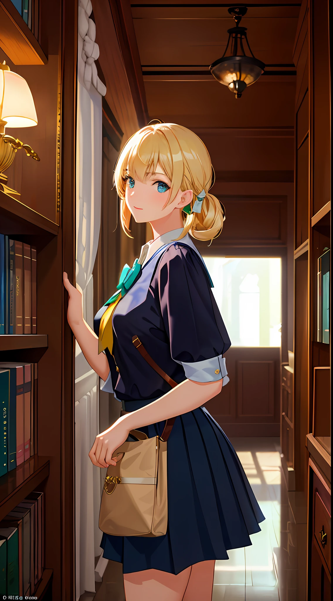 (((Masterpiece: 1.5, Best Quality, High Resolution: 1.3, Super Resolution, Super Detail, Super Detail: 1.3, Rich Background: 1.2))), ((Face Close-up)), 1 Girl, Solo, Green Eyes, Long Blonde Hair with Blue Ribbon, Blunt Bangs, Cute Hairpins, Clear White Serafuku, Red Sailor Collar, Short Sleeves, Blue Pleated Skirt, White Bra, (Outdoor), (Rain: 1.2)), ((Downtown)), (Crowd), Landscape, ((Night)), Dark,  (Low light: 1.1), Moon, ((Dynamic light: 1.4)), a beautiful woman from a scholarly family, she stands in a library full of books and cultural works of art, shelves full of various books, various paintings and sculptures on the walls. Sunlight shone on her face through the window, making her look more lively and full of life. The style is photography, using a standard lens, with an aperture of f/2.8, a shutter speed of 1/125 sec., and an ISO of 200.