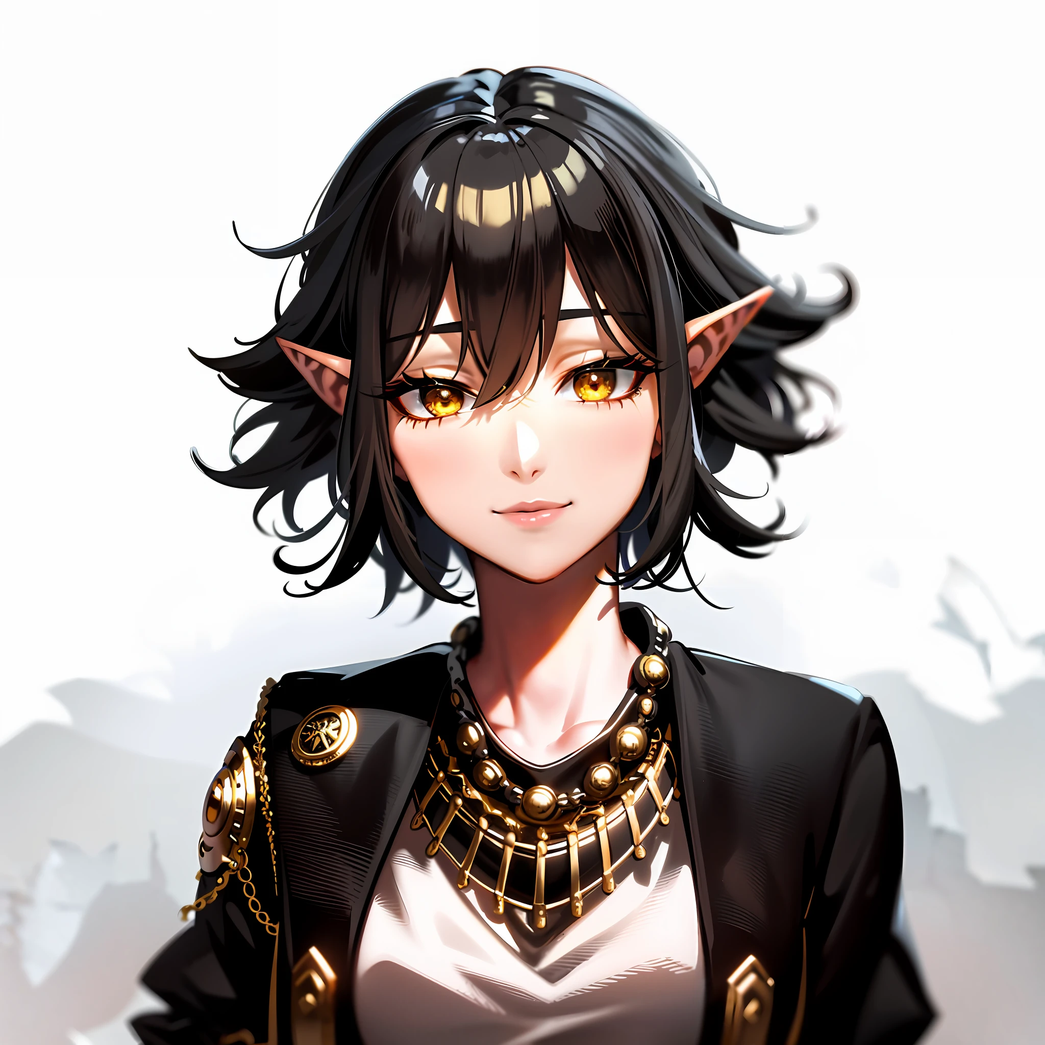 The elf has bright yellow eyes, which capture light and convey a sense of mystery. His smile is charming and endearing, revealing an air of confidence and intelligence. Her hair is a unique blend of blue and gray tones, creating a distinctive and elegant look.

She is dressed in clothes and accessories that combine shades of black and gold, giving her an air of nobility and sophistication. Her costume is richly detailed, with several accessories carefully arranged around her body. The black colors represent its aura of mystery and power, while the gold adds a touch of glitz and luxury. This combination of colors reflects the enigmatic and elegant personality of the elf, making her stand out in any environment.