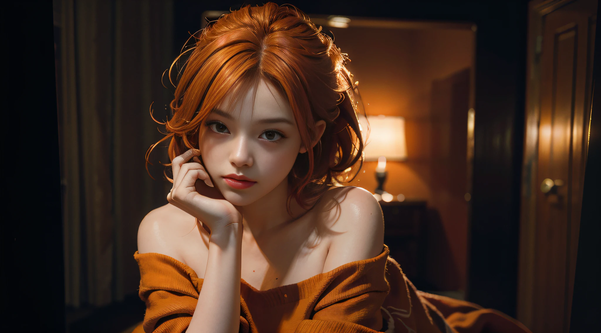 Best quality, masterpiece, ultra high res, (photorealistic: 1.4), raw photo, 1girl, off shoulder, cinematic lighting, kissing poses, (orange hair)