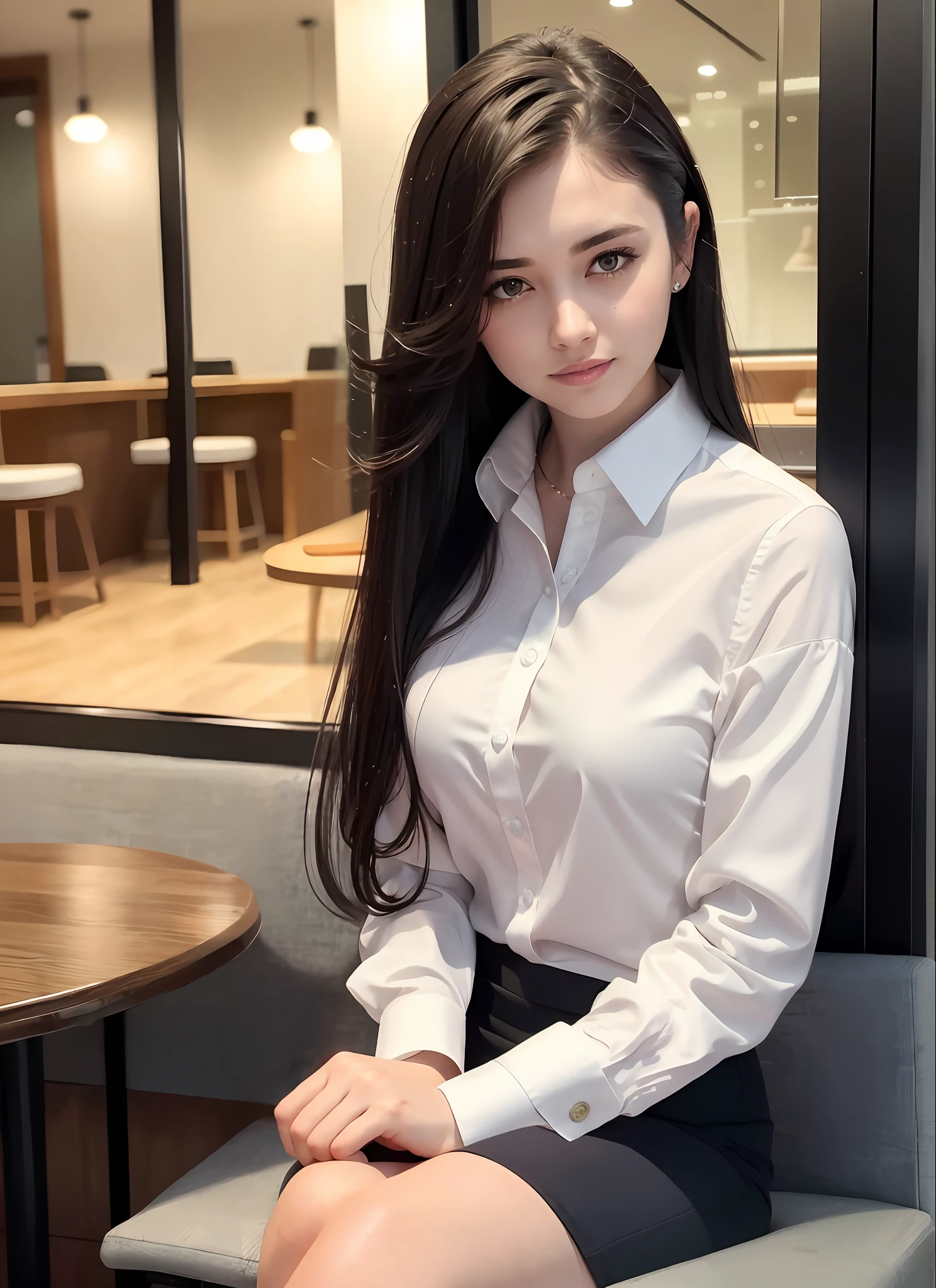 8K, best quality, masterpiece: 1.2) , super details, 1 girl, cute, independent, beautiful details sky, details cafe, night, sit down, date, (nose red) , sweet smile, (Smile: 1.15) , (shut up) small breasts, small beautiful details eyes, Turkish, (collar shirt: 1.1) , black and white business attire, night, wet, business dress, rain, long hair, brunette, flowing hair, NovaFrog style, cat,