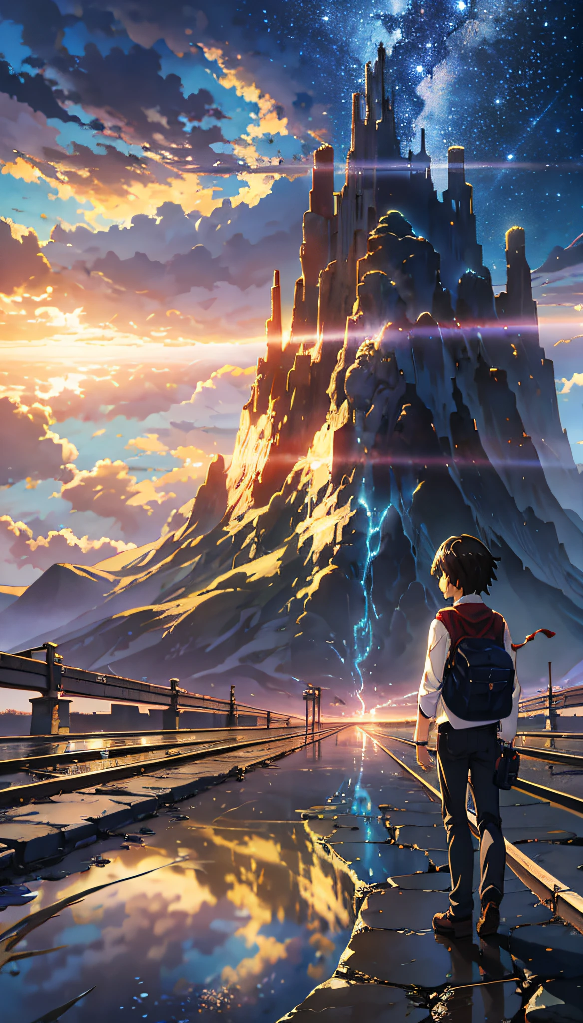 eldritch horror prophecy, creatures, lightning from skies, lava from ground, a figure of man standing in front, masterpiece, through bodies of water on tracks, bright starry sky. Romantic train, Makoto Shinkai's picture, pixiv, concept art, lofi art style, reflection. by Makoto Shinkai, lofi art, Beautiful anime scene, Anime landscape, detailed scenery —width 672, in style of Makoto shinkai, style of Makoto shinkai, enhanced details.