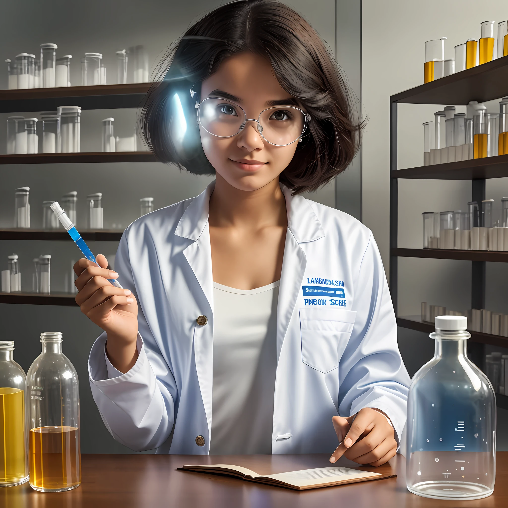 A 20-year-old Brazilian woman is in the laboratory of UTFPR college, where she studies chemistry. She is a beautiful girl with dark hair and expressive eyes. Wearing a flawless white lab coat, written (((UTFPR))), she is wearing goggles to ensure her safety while working. The table in front of you is filled with test tubes of different sizes and colors, each containing chemicals. The young woman is focused and focused on her experiences, demonstrating a passion for the world of chemistry. The laboratory environment is bright and well organized, with equipment and glass shelves in the background. Behind her, you can see some open books and notebooks, indicating her dedication to her studies. The expression on the girl's face reflects her curiosity and enthusiasm for science. She is a dedicated and determined student, ready to unlock the secrets of chemistry and contribute to scientific progress. --auto --s2