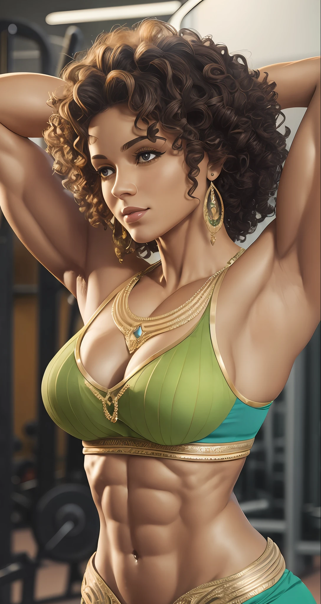 woman, beautiful, short curly hair, sculptural body, gym, muscles, lifting alter, working out, high definition, detail, 8k quality, goddess Hera. --auto --s2