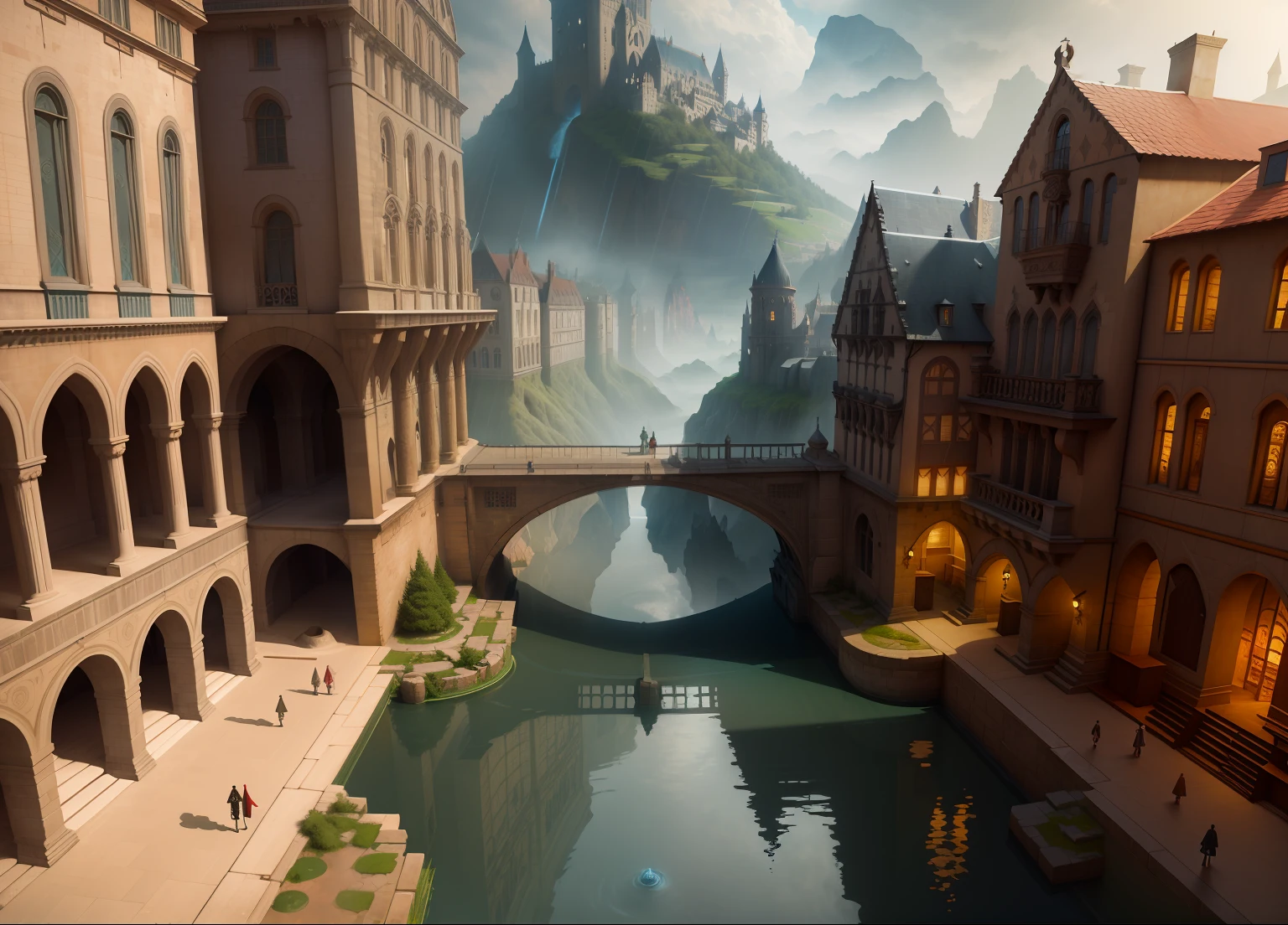 ((masterpiece)),((best quality)),((high detail)),((realistic,)) City , deep gorges in the middle, architectural streets, bazaars, bridges, rainy days, steampunk, European architecture ,{{{Pixar style,4k, 8k, unreal engine,}}},A large scene, a tunnel of time and space, a giant gray door carved with various symbols and mysterious inscriptions. Through the door, one can see a vast magical world. Strange creatures, magical terrain and mysterious atmosphere. Thick mist, a mysterious castle towering in the clouds, surrounded by magical power. Dancing elf. The water source appears to have life, and the flow of water is controlled and shaped into various strange shapes. In the distant sky, mysterious and colorful colors, beautiful oil paintings, mysterious runes, strange creatures, magical auras,