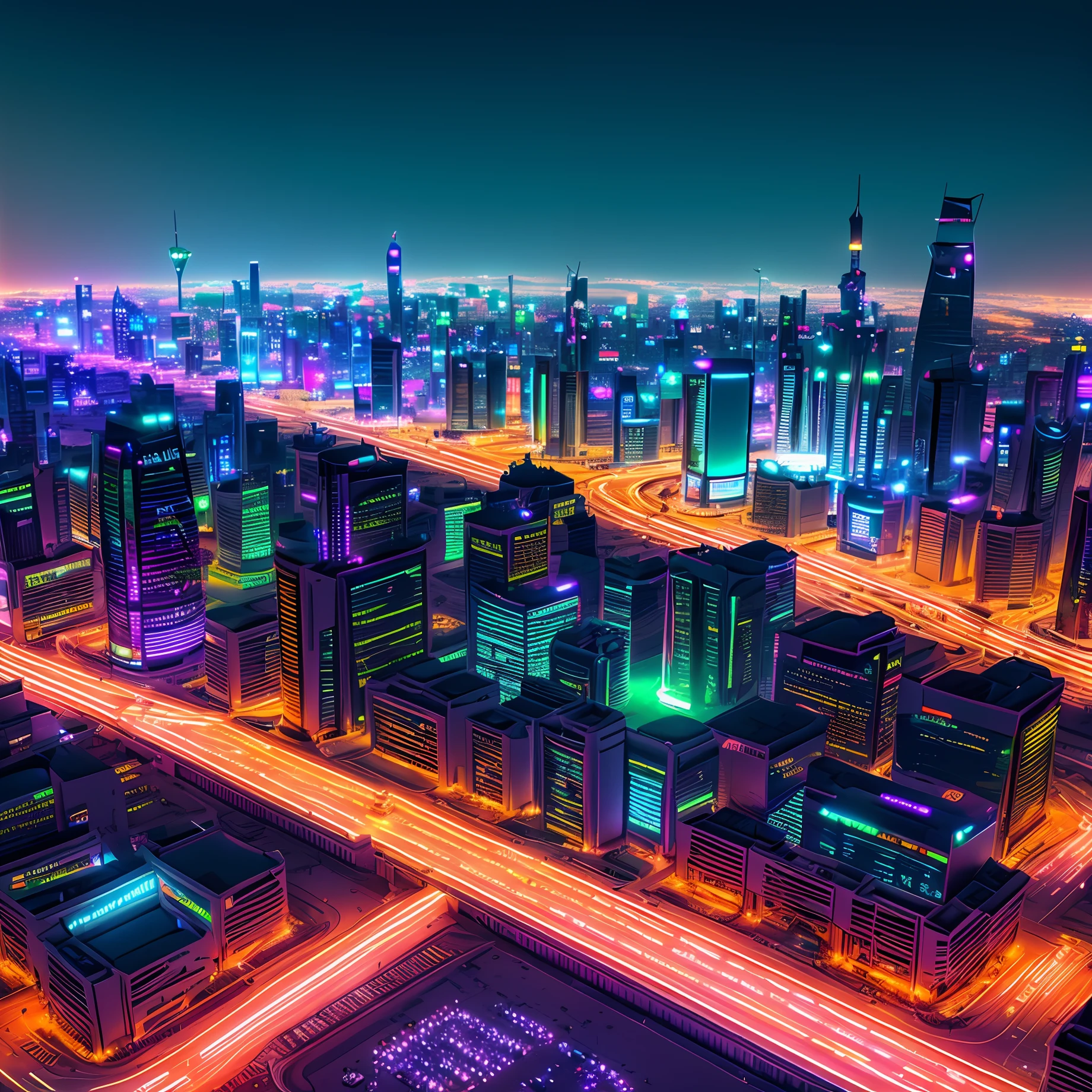 A highly realistic, ultra realistic image, Neon city in Saudi Arabia, night image, with a lot of truth around, with flying motorcycles, piloted by police officers.