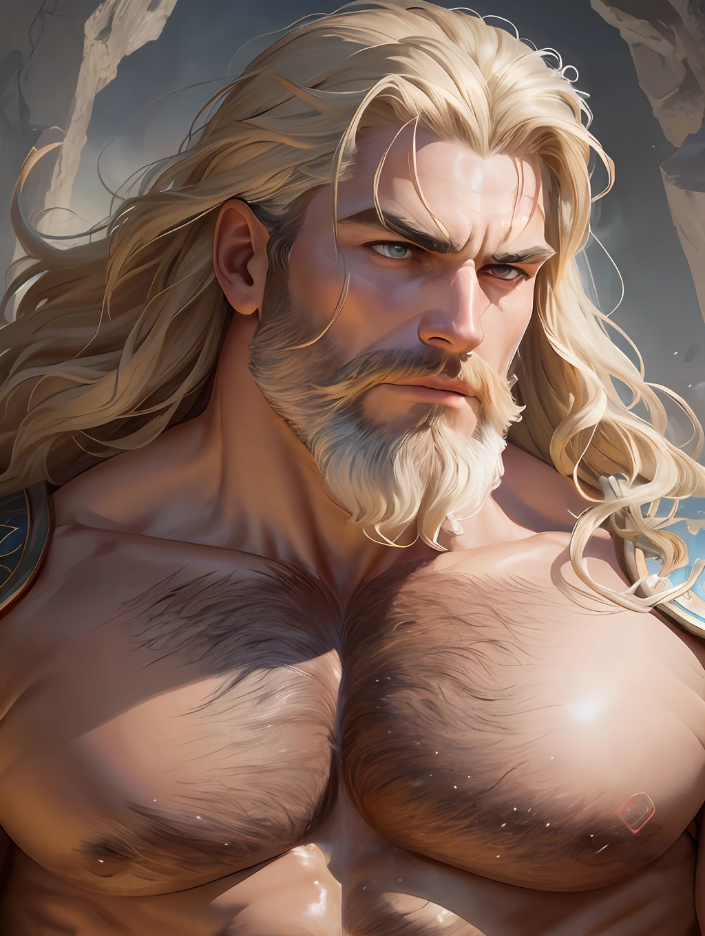 A painted portrait of stout Zeus almighty god of thunder, greek god, blond hair, male, mature, handsome, upper body, muscular, hairy torso, fantasy, intricate, elegant, highly detailed, digital painting, art station, concept art, soft, sharp focus, illustration, art by Gaston Bussiere and Alphonse Mucha, fierce eyebrows, cinematic rim light, very strong and hairy torso, intense action, dynamic juxtaposition, very high quality face, desert game, exploitable image, face neck shoulders, tall strong man, long windy hair, stylized dynamic folds, angry