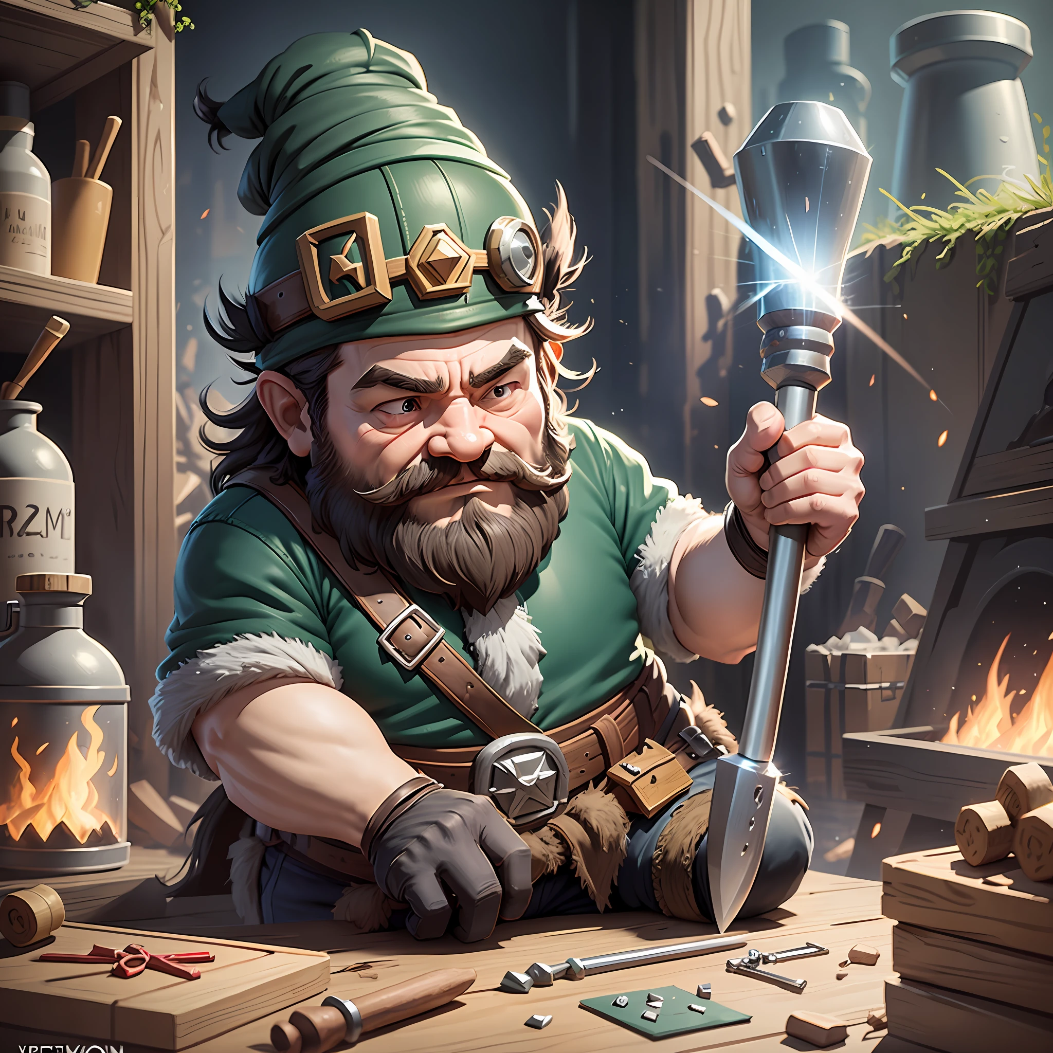 Vector, simple art, dwarf makes weapon with his hammer in his workshop near the fire