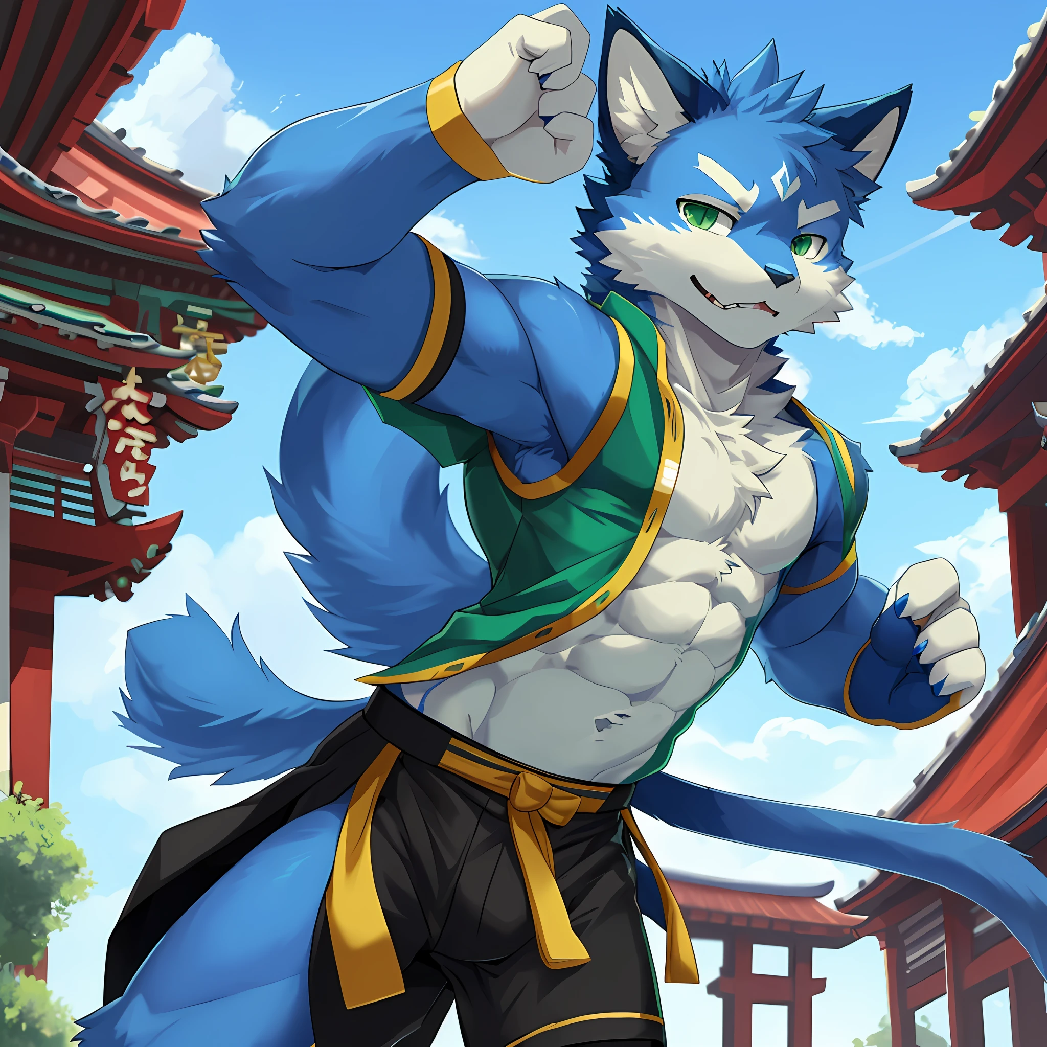 high res, masterpiece, 1male, solo, (thin:1.5), (twink:1.5), kemono, Furry, furry cat, anthropomorphic, male, blue fur, blue skin, green eyes, martial arts uniform,