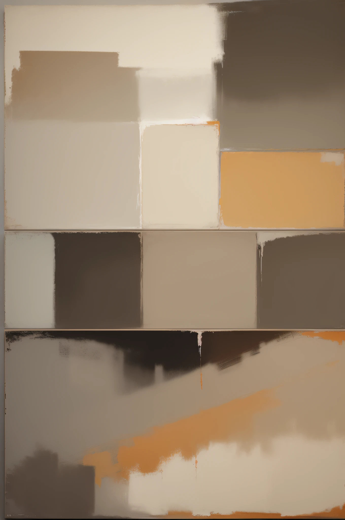 modern abstract painting in the style of mark rothko with a color palette of beige, off-white, muted orange, browns, and dark gray, evoking subtle emotions, dynamic brushstrokes+soft edges, layered brushwork and texture, realistic paint texture, realistic canvas texture, high detail, immense scale, reminiscent of the Abstract Expressionist movement.