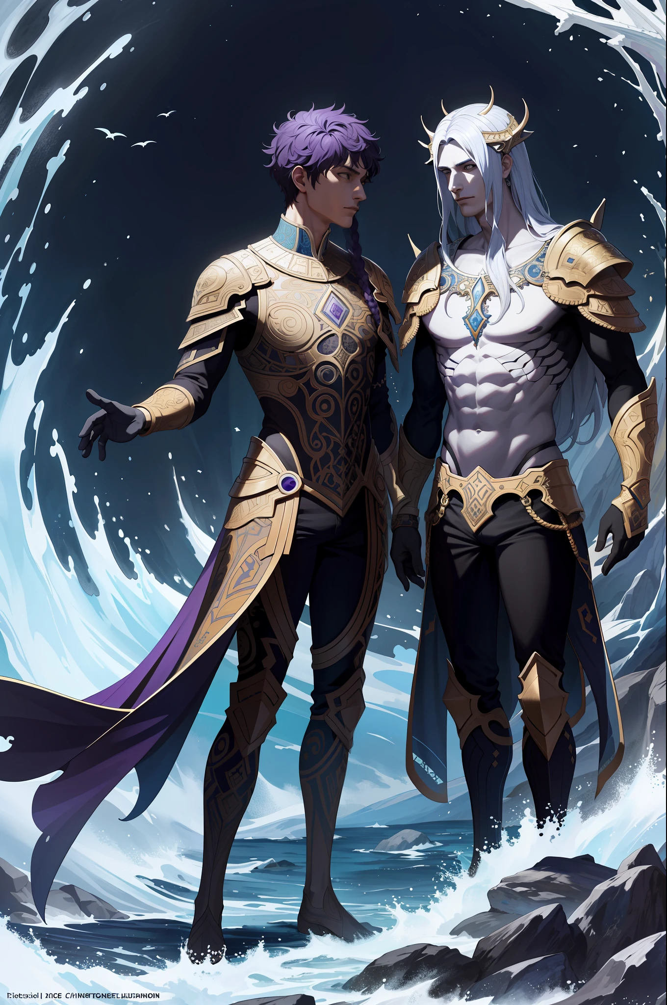 (masterpiece, best quality, high resolution: 1.4), detailed, intricate details, 4K, color splashes, line art, art, fibonacci, Sumerian god abzu, god of deep waters, god of darkness, purple armor, black waters around
