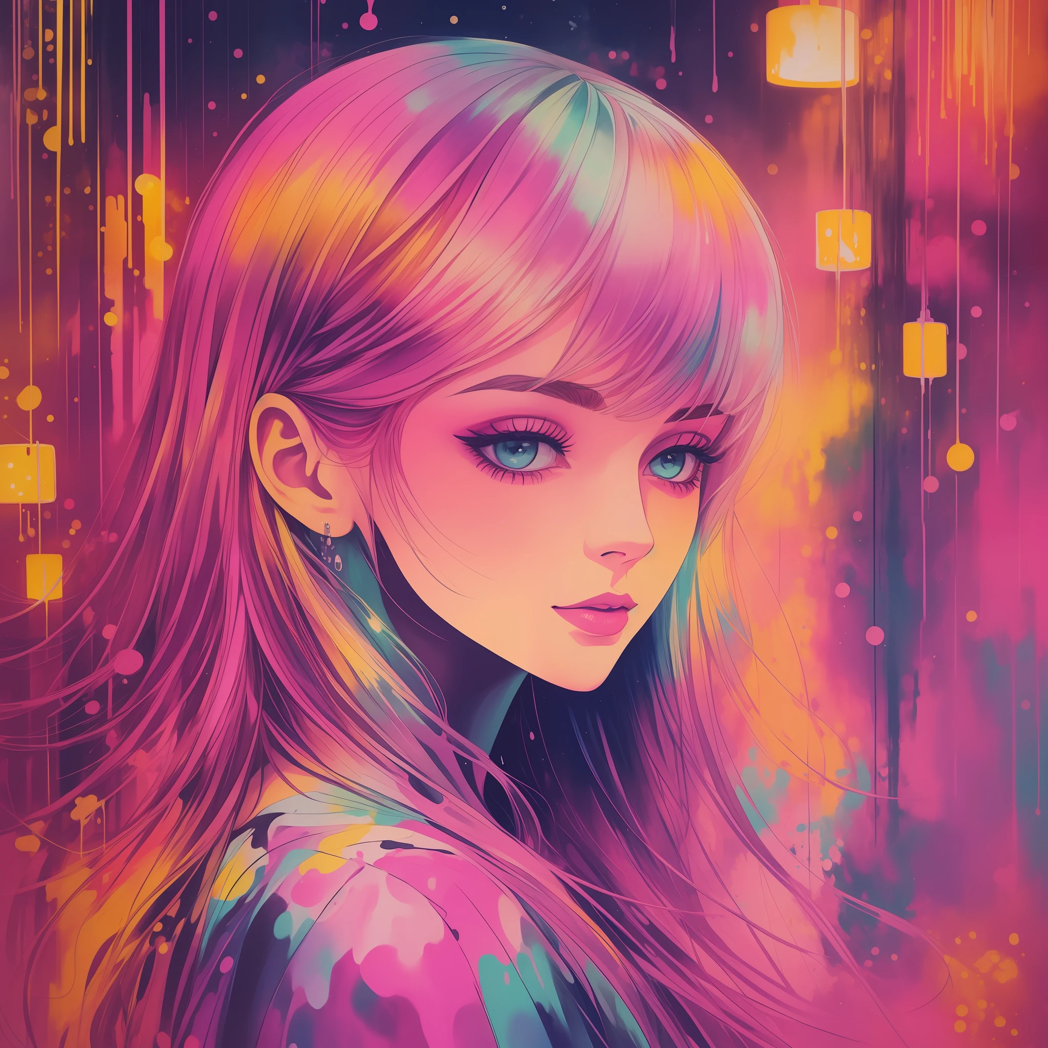 a painting of a woman, luminous design, pastel colours, ink drips, autumn lights
