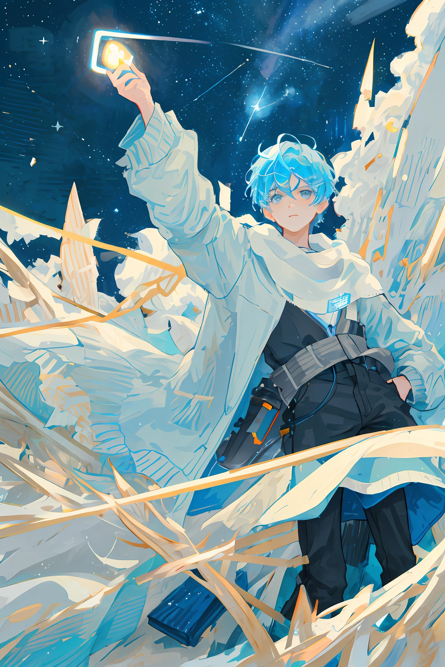 An image of a young and handsome boy with light blue hair gazing up at the starry night sky during winter, with shooting stars streaking across the heavens.