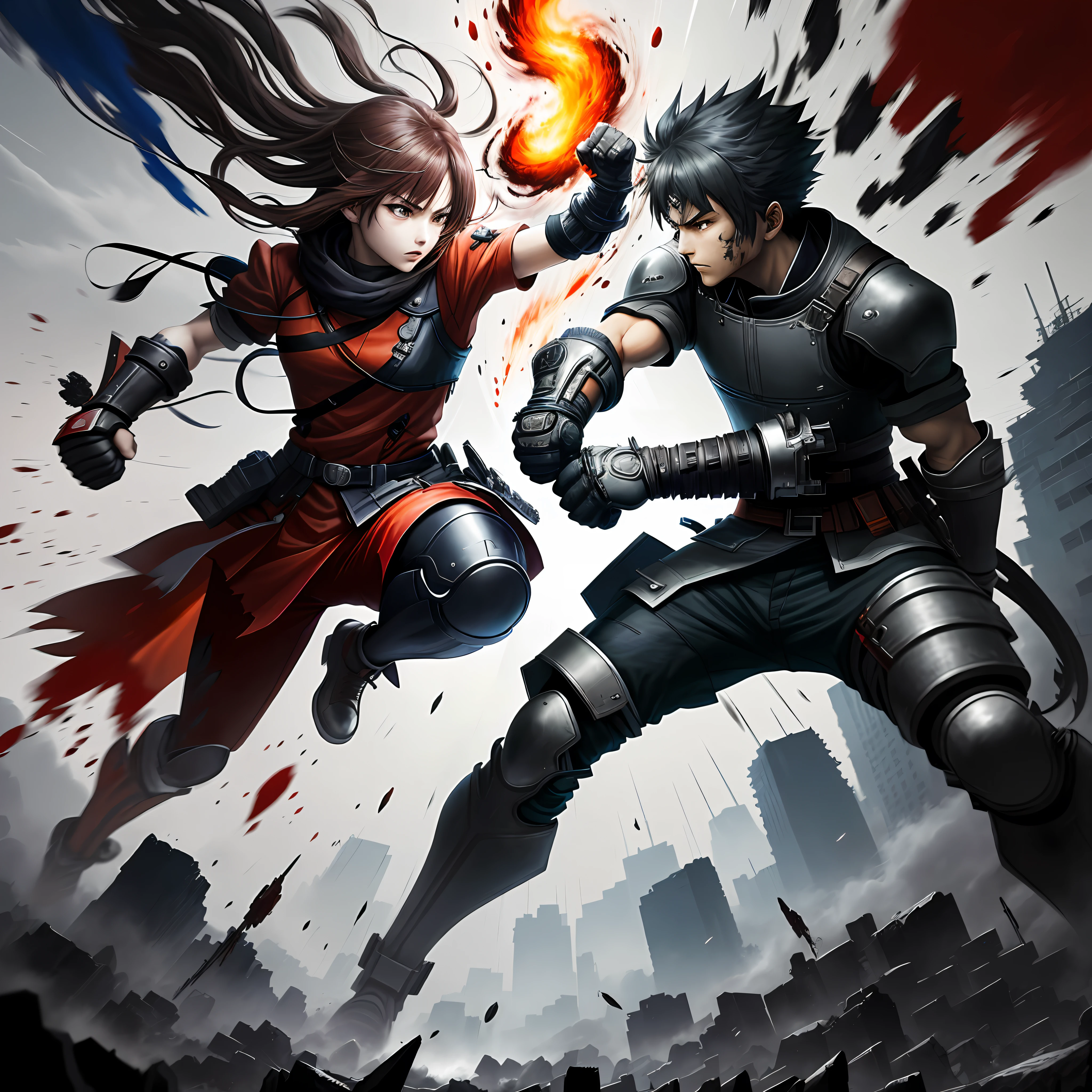 Arti abstract anime, a battle, detailed clothing. color blocks and dramatic lines to create a strong visual impact. vixip, far view team shot, by yoshiyuki sadamoto, yoko taro, oil painting. blood, fight, attack, fire, punch, fist. Hand drawing illustration, highly detailed. Perfect composition. By sumic.mic