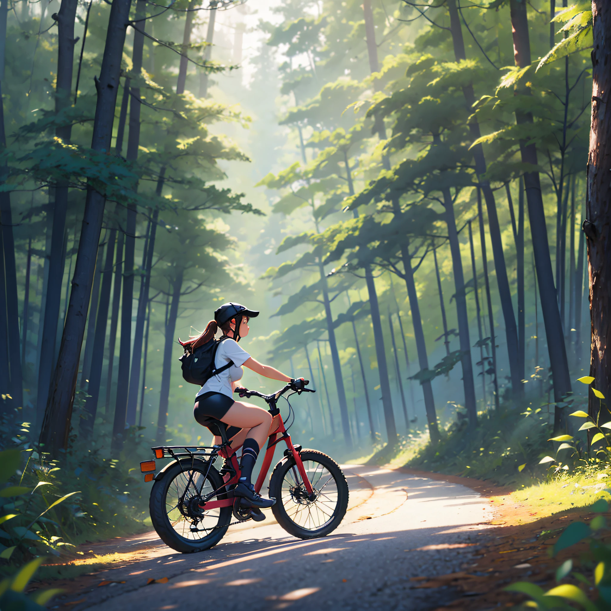 a girl riding a bike on in the forest --auto --s2