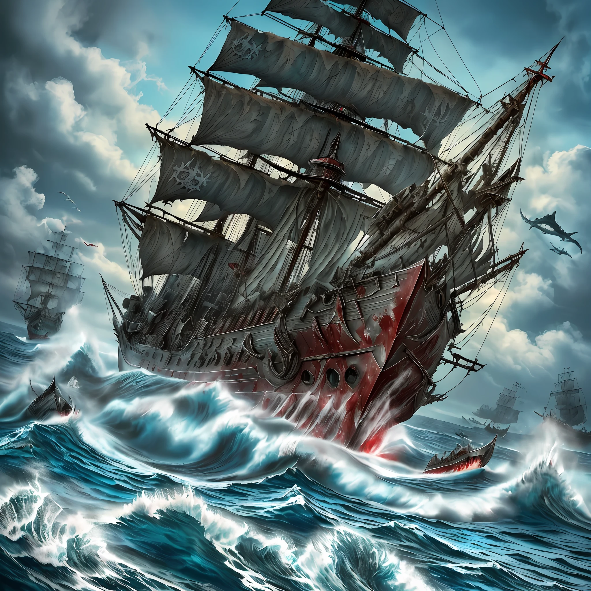 (MASTERPIECE:1.2),(REALISTIC:1.5),(POST-PROCESSING:1.3),(SHARP FOCUS:1.3),8K,1 ghost ship ((Viking pirates aboard)), ((killer shark lurking)), (((giant ship destroyed))), (wide shot: 1.4), blood, (((blood scatteredON the sea surface ))), (detail of high shadows) , (ILLUSTRATION:1.2), (ulzzang-6500 :1,0), ((HDR)), --auto --s2