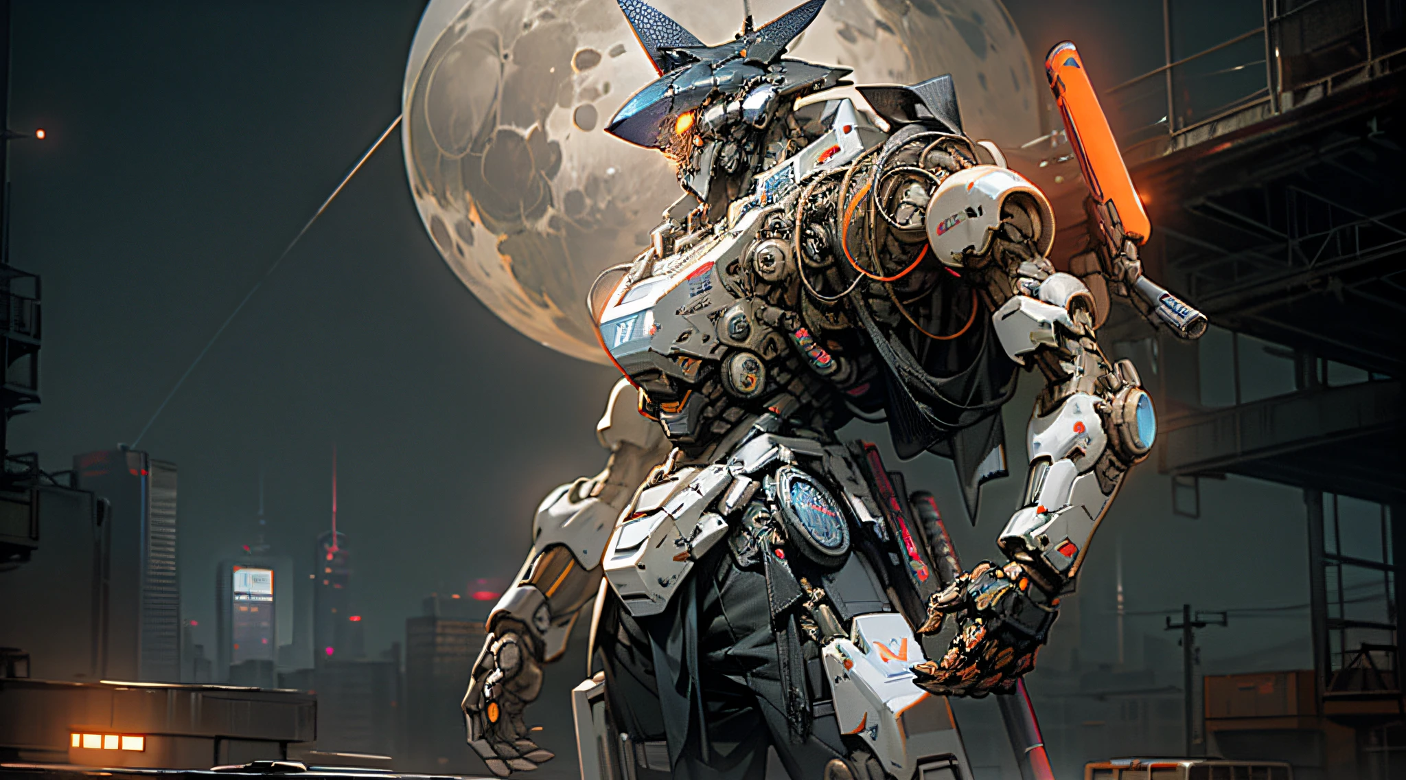 On the moon,barren planets, ruins, holding_weapon, no_humans, glowing, robot, building, glowing_eyes,orange mecha, science_fiction, city, realistic,mecha,Milky Way Galaxy background,neon,cyberpunk,