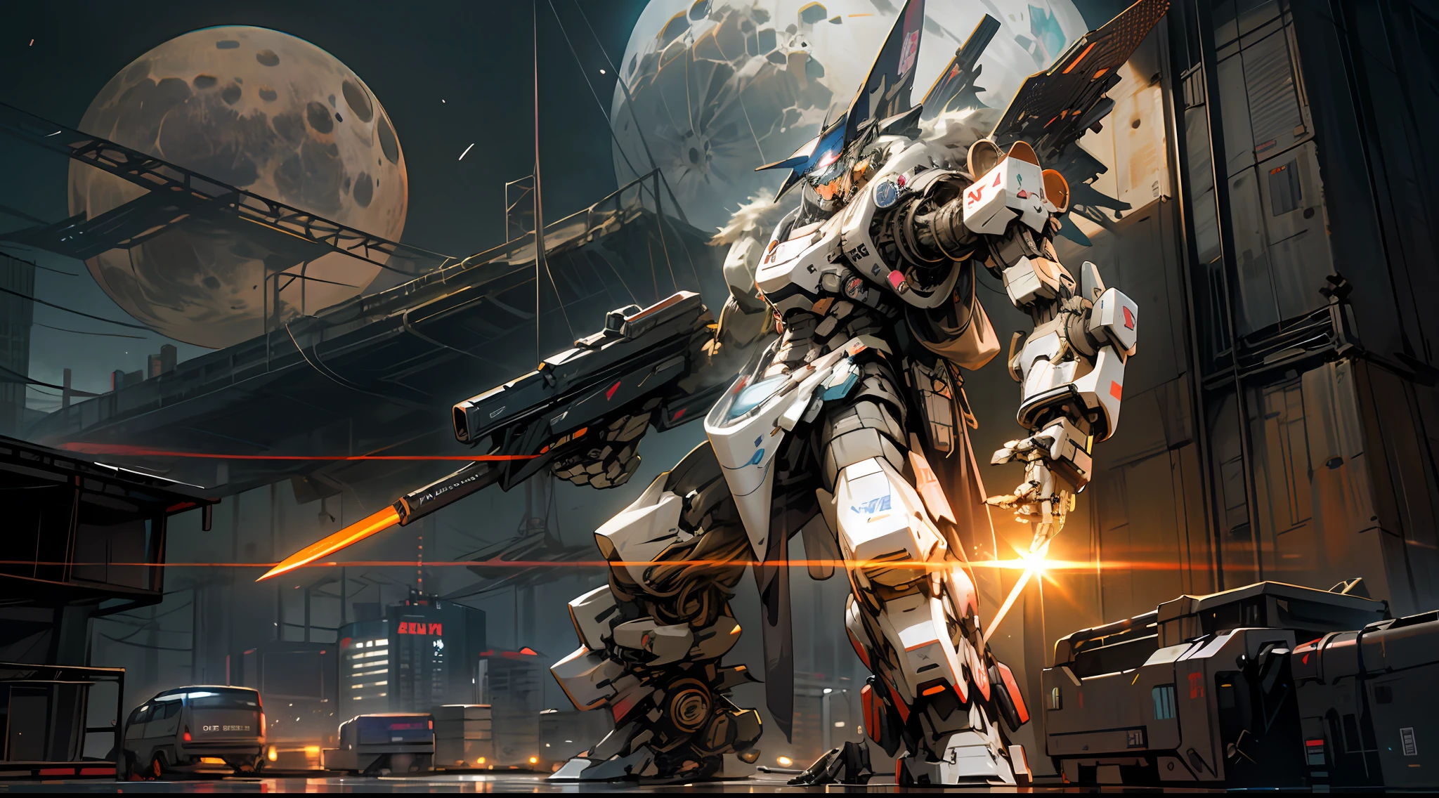 On the moon,barren planets, ruins, holding_weapon, no_humans, glowing, robot, building, glowing_eyes,orange mecha, science_fiction, city, realistic,mecha,Milky Way Galaxy background,neon,cyberpunk,
