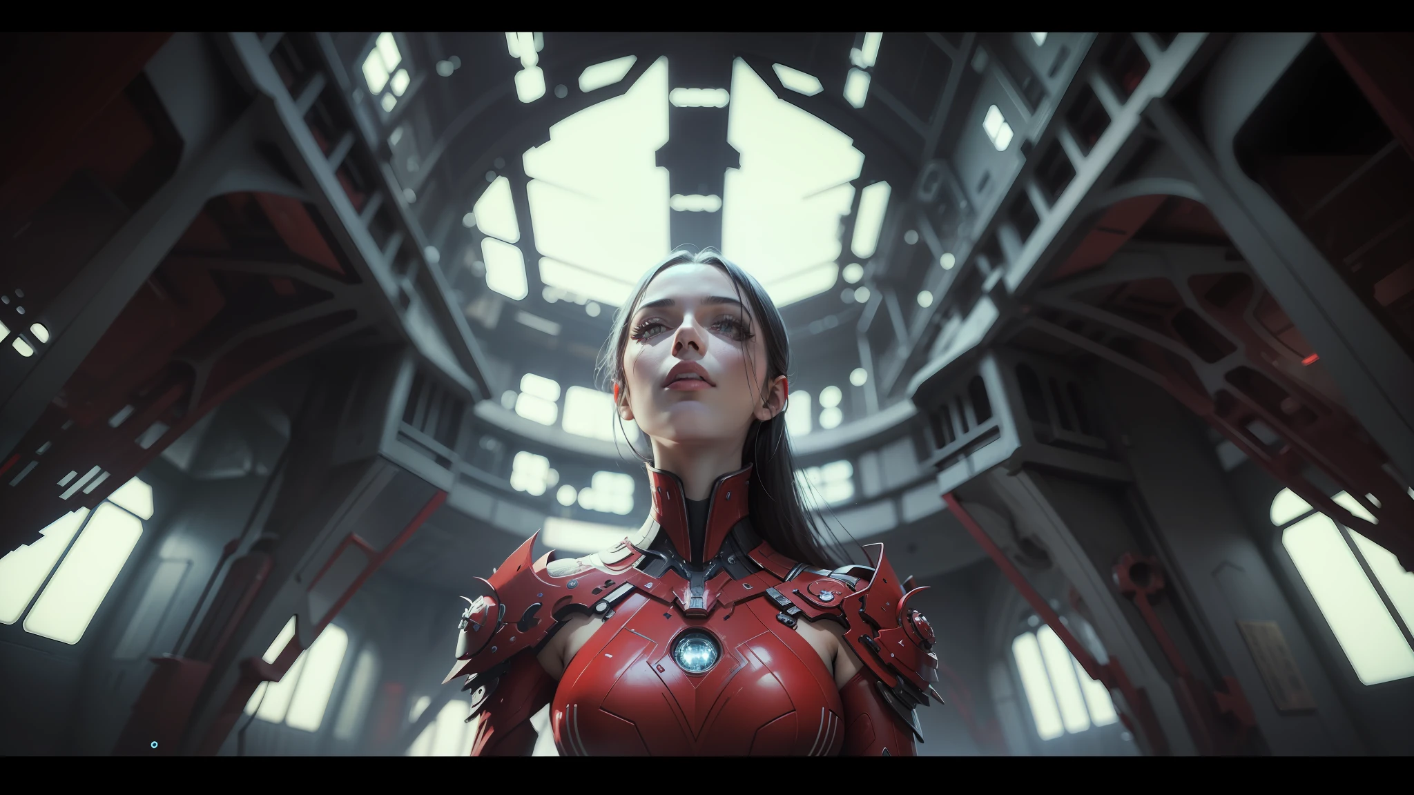a close up of a woman in a red dress in a futuristic building, greg rutkowski and h r giger, still from a music video, ayami kojima and lyde caldwell, andrei riabovitchev symmetrical, anamorphic widescreen, trending at cgstation, die antwoord, nekro --ar 16:9 --auto --s2