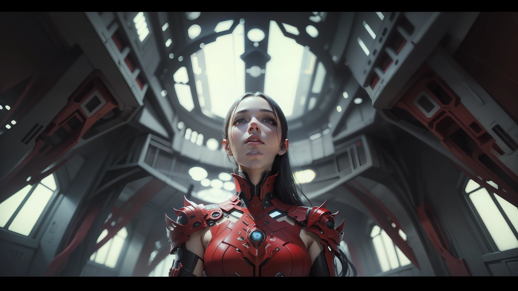 a close up of a woman in a red dress in a futuristic building, greg rutkowski and h r giger, still from a music video, ayami kojima and lyde caldwell, andrei riabovitchev symmetrical, anamorphic widescreen, trending at cgstation, die antwoord, nekro --ar 16:9 --auto --s2