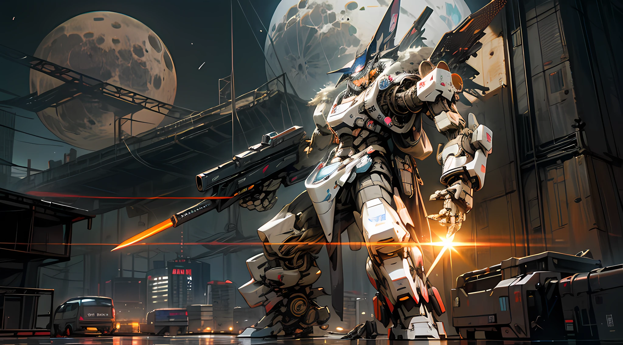 On the moon,barren planets, ruins, holding_weapon, no_humans, glowing, robot, building, glowing_eyes,orange mecha, science_fiction, city, realistic,mecha,Milky Way Galaxy background,neon,cyberpunk,