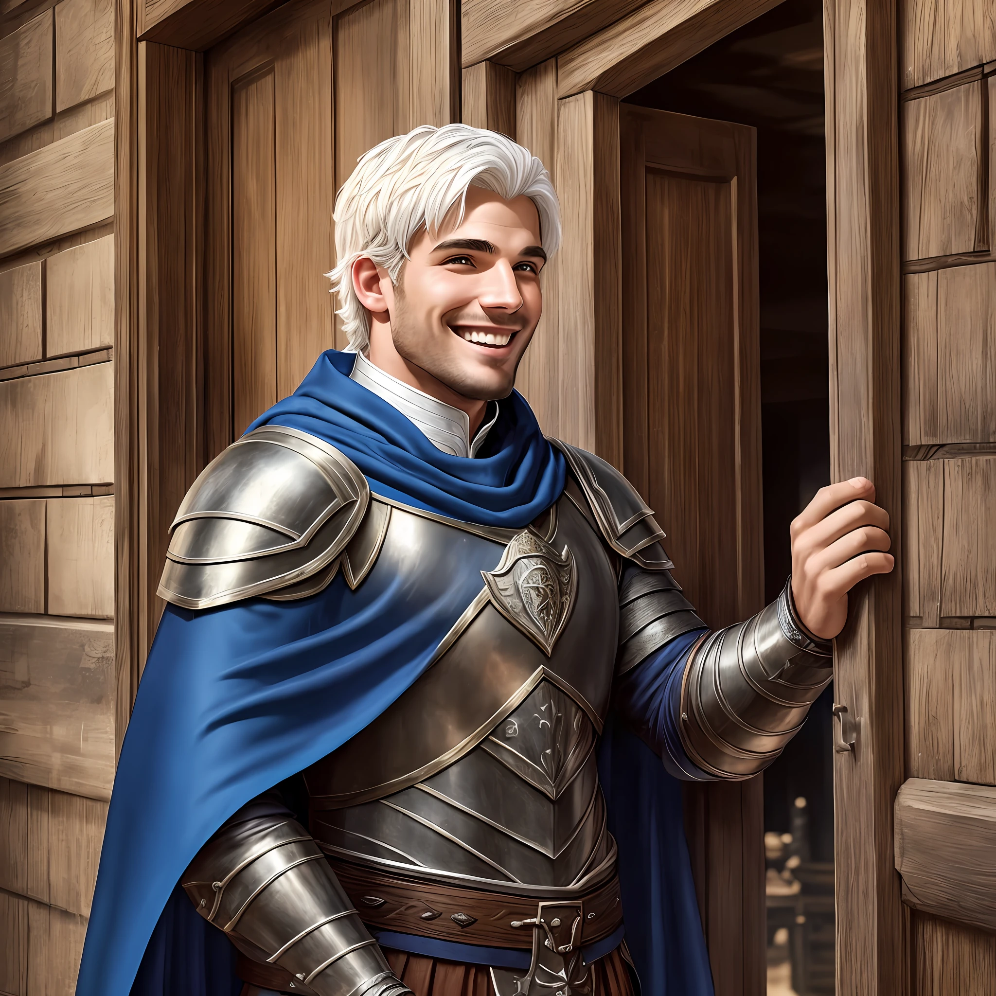 Young man tall muscular, wide, With short White hair, wearing a black medieval Armor and a Blue cape, smiling at the entrance door of a tavern, Realistic, Full HD, best quality