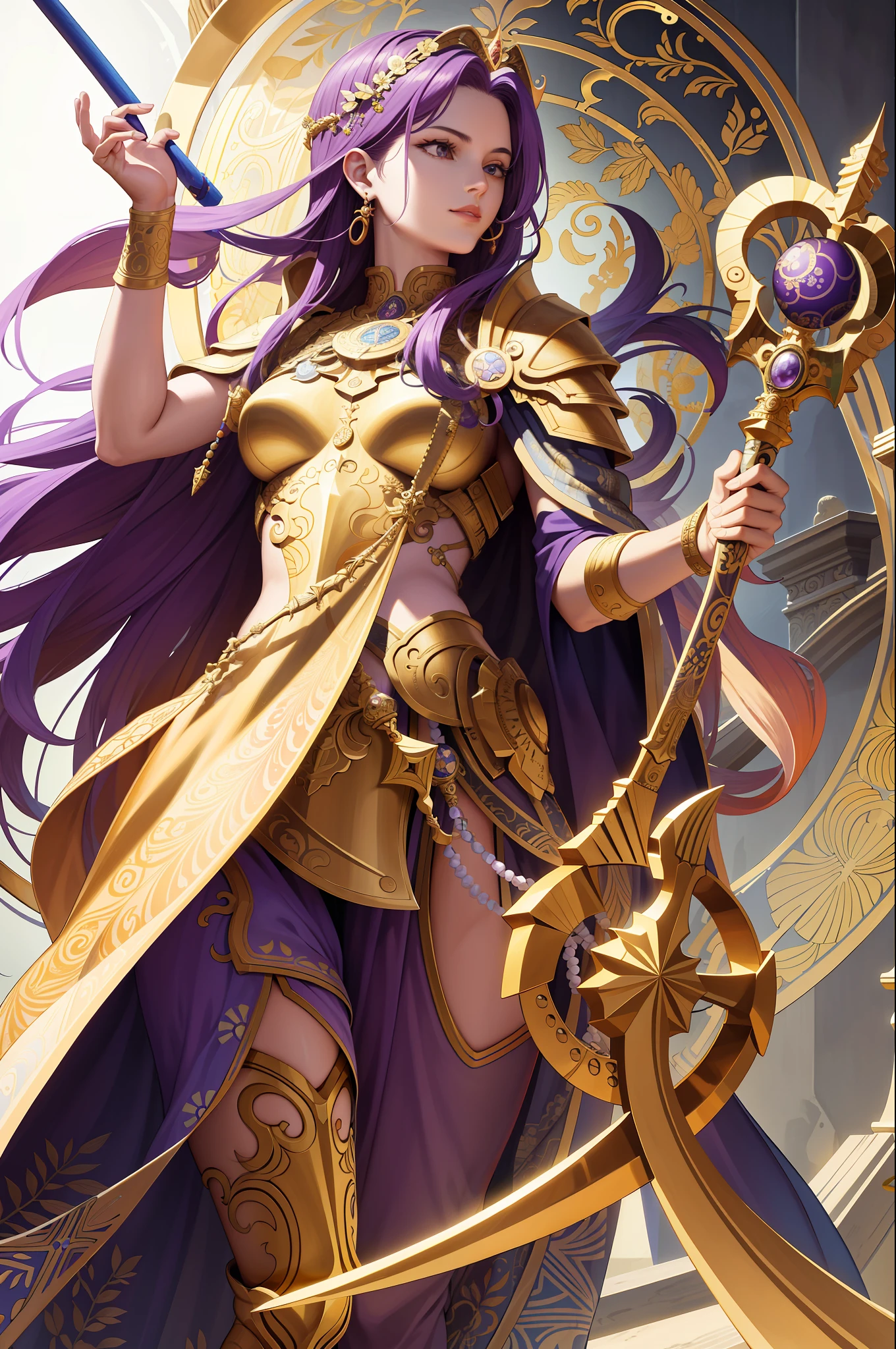 (masterpiece, best quality, high resolution: 1.4), detailed, intricate details, 4K, color splashes, line art, art, fibonacci Athena, goddess of war and wisdom, the knights of the zodiac, golden armor, purple hair, holding a crosier in her right hand