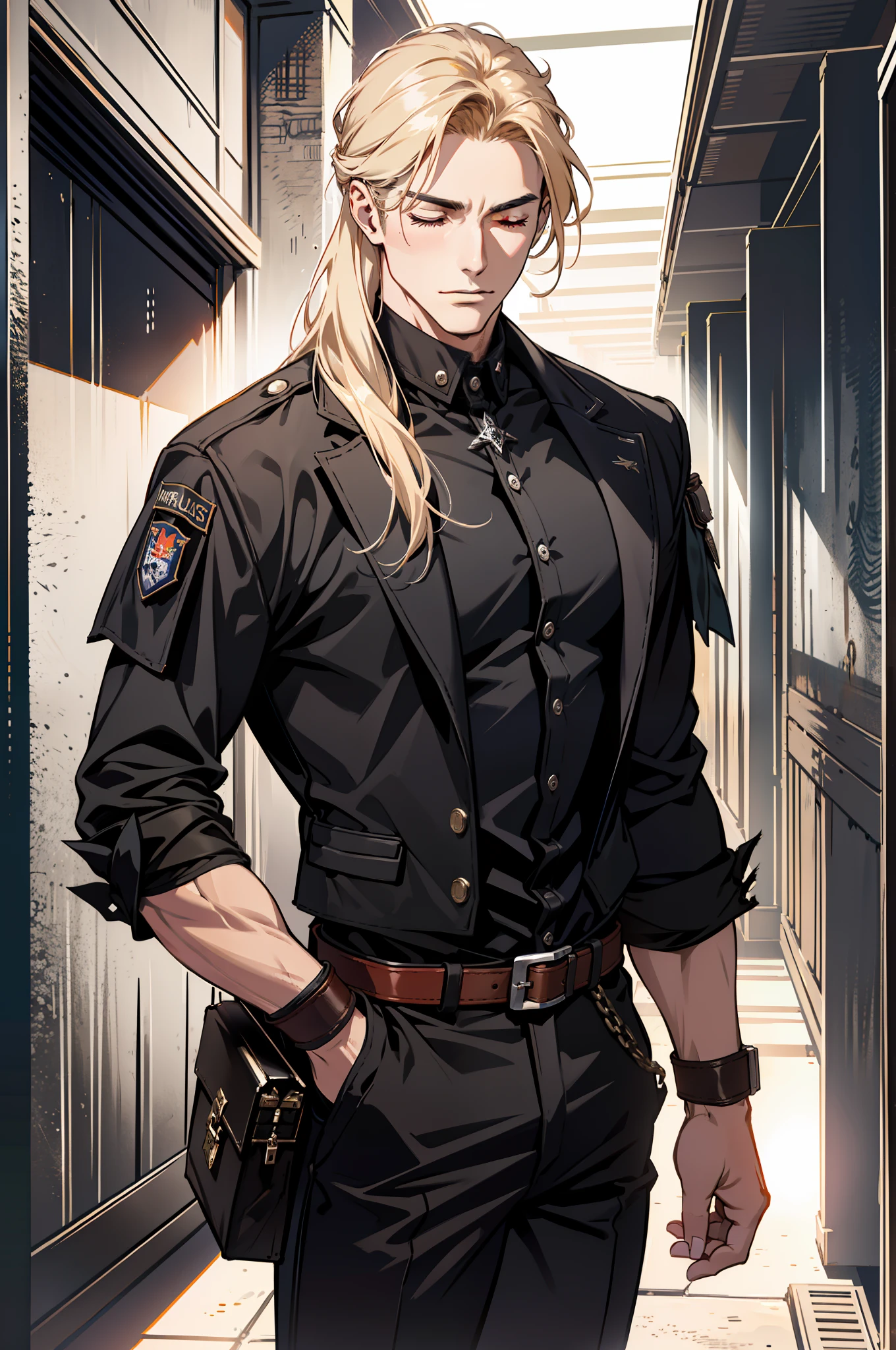 ((MLS)), (absurd res, high res, ultra detailed), 1 male, adult, handsome, tall muscular guy, broad shoulders, blonde long hair, red eyes, finely detailed eyes, looking at viewer, solo, MLS shot, no background, detailed face, smirk, renegade, rugged dark leather clothes, small leather pouch, high fantasy medieval setting, smuggler hideout background, stealth, undercover, (crates in background), shadows, fog, (dutch angle), closed mouth, ((closed eyes))