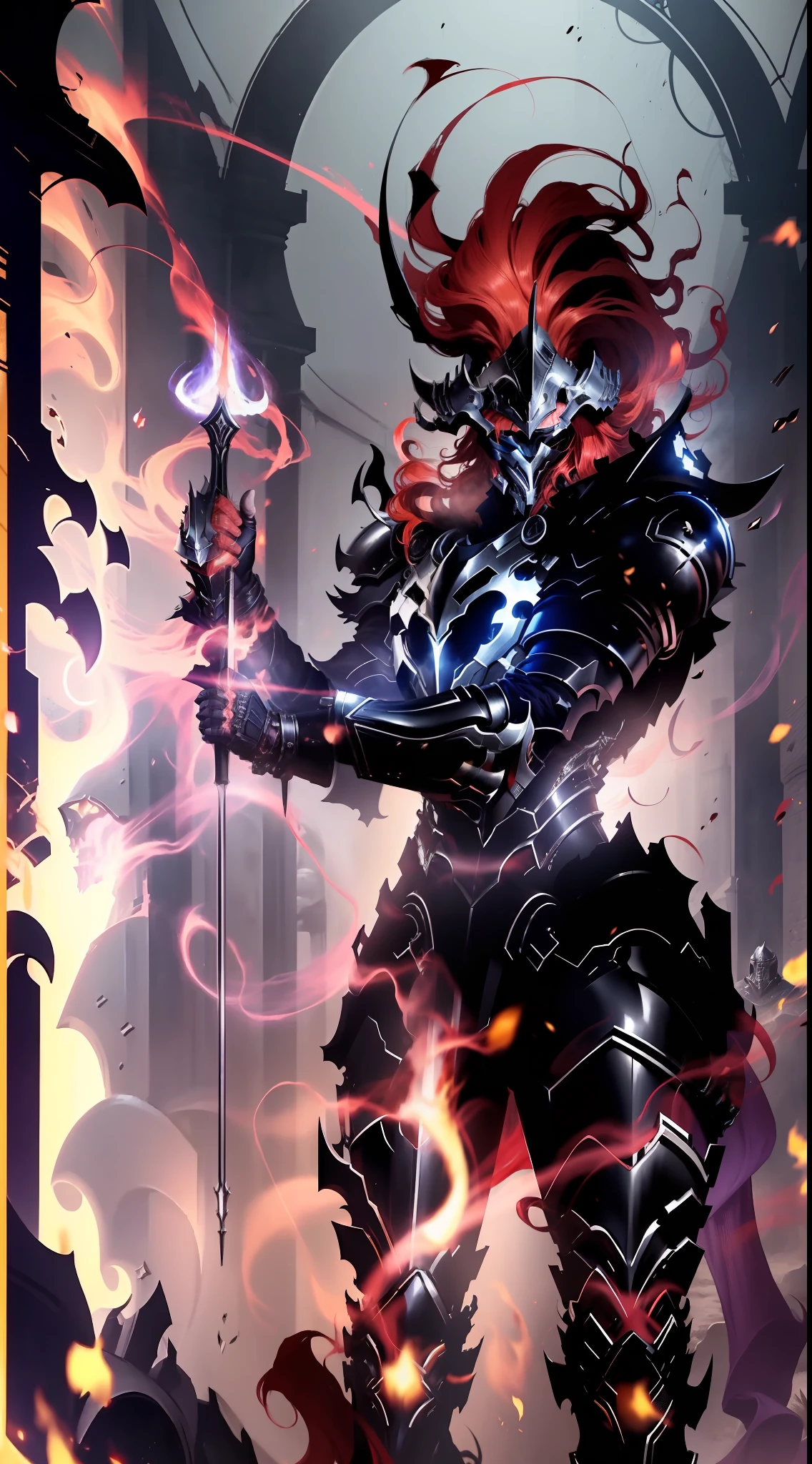 Masterpiece, Best Quality, 8K, Igris ( Solo Leveling ), tall slender statuesque knight, in dark armor, in a helmet, behind the helmet develops a high ponytail of red hair, eyes burning, goes to the viewer, in full growth, background dark throne room