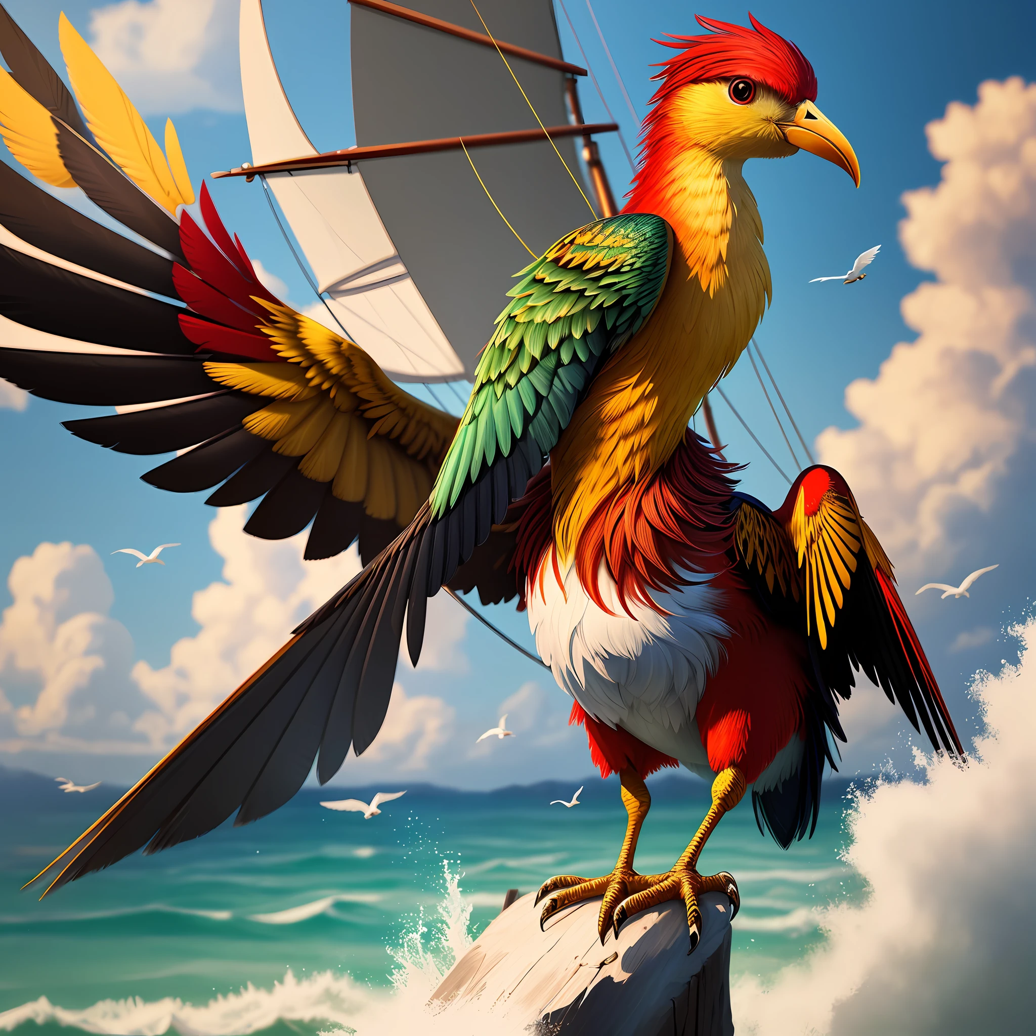 The CGI art 'Bird Fishing' in the realistic artistic style, depicts a red and yellow bird with an incredible sailor realism. With rich colors and stunning detail, this AI-generated image on Pinterest is a masterpiece of rendering. This captivating creation captures the bird singing to you, in a scene that transports you to an enchanted world
