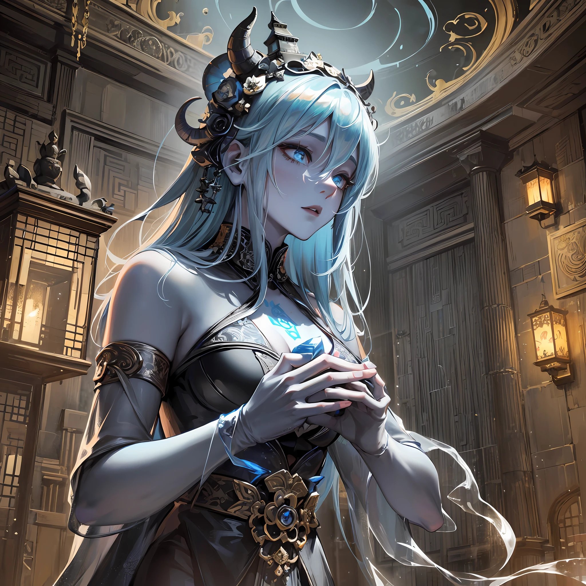 (Mysterious Black Mist), (Ghost), (Corpse), (Ancient Monster)), Glazed Tiles, Buddha Statues, Lanterns, Absurdity, Realistic Lighting, (Abyss) Masterpieces, High Quality, Beautiful Graphics, High Detail, Far North, Blizzard --auto --s2