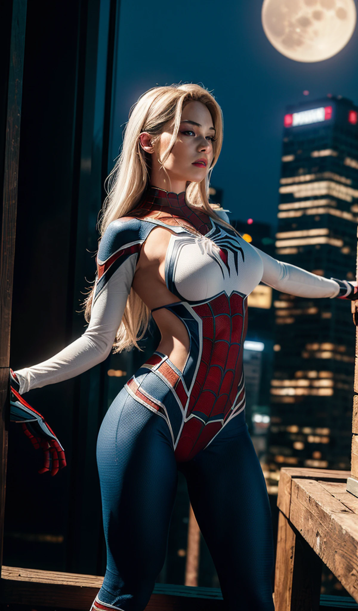 (Masterpiece, 4k resolution, ultra-realistic, very detailed), (White superhero theme, charismatic, there's a girl on top of town, wearing Spider-Man costume, she's a superhero), [ ((25 years), (long white hair:1.2), full body, (blue eyes:1.2), ((Spider-Man pose),show of strength, jumping from one building to another), ((sandy urban environment):0.8)| (cityscape, at night, dynamic lights), (full moon))] # Explanation: The Prompt mainly describes a 4K painting of ultra-high definition, very realistic, very detailed. It shows a superheroine at the top of the city, wearing a Spider-Man costume. The theme in the painting is a white superhero theme, the female protagonist has long white hair, is 25 years old and her entire body is shown in the painting. In terms of portraying the actions of superheroines, spiders are employed, (masterpiece:1.4), (8k, photorealistic, RAW photo, best quality: 1.4), (no bra:1.4), perky_nipples, (ratio fingers:1.5), ((exposed_nipples, exposed breasts, high proportional realistic breasts, realistic medium breasts):1.3)