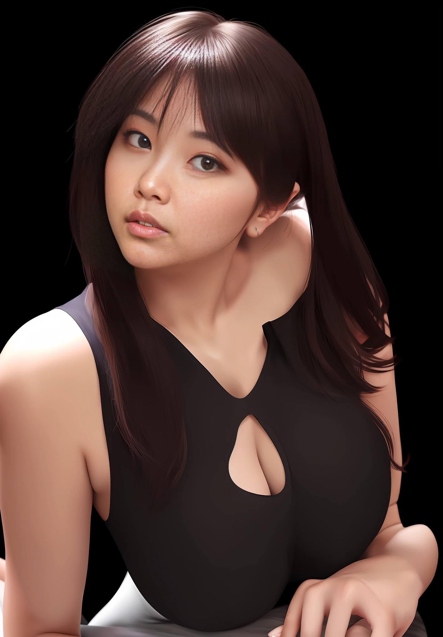 One Japan woman in her twenties, the background is removed, the hairstyle and hair parting enhance the image of the image, the shape of the eyebrows and eyes and the shape of the mouth enhance the image of the image, lean forward slightly to emphasize cleavage, wearing white sleeveless with wide open breasts, glamorous figure, sexy expression, lift the right index finger and place it on the edge of the mouth, bust size equivalent to O cup, emphasize huge cleavage, Doing, bluemary, body slightly oblique, eyes frontal, slightly sexy mouth, no wrinkles on the face, erotic look, arms close to the chest to emphasize cleavage, cleavage sexy, eyes smiling