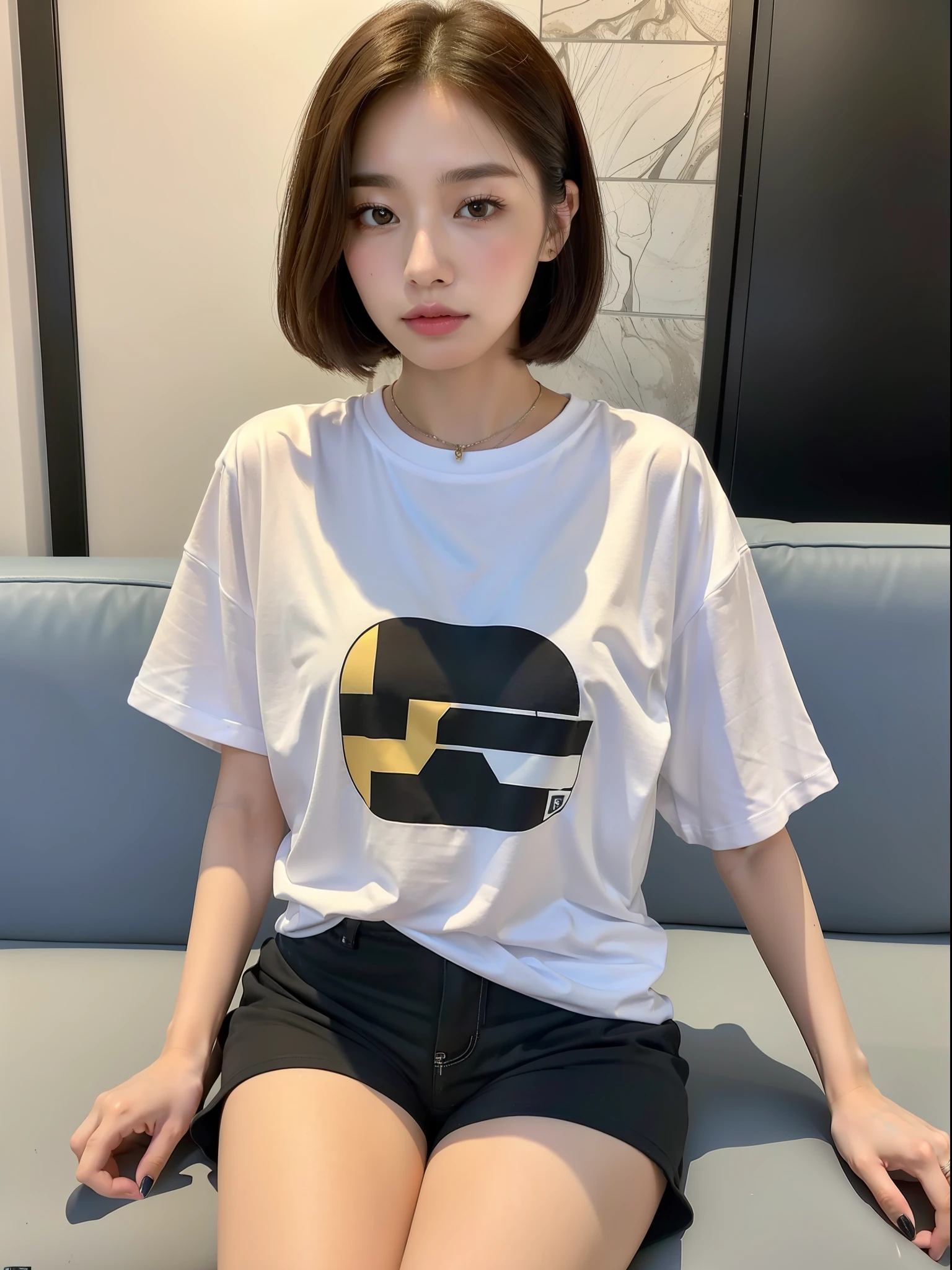 High quality fashion photography, (8k: 1.27), (best quality, masterpiece, super high resolution: 1.2), (1 girl: 1.8), (solo:1.8), (there is a table in front of her: 1.5), (she is sitting on the sofa: 1.6), (wearing a black t-shirt: 2), Suzu Hirose, Japan actress, Instagram photo, street snap, high , Cute Japan women (beautiful: 1.1), T-shirts, oversized T-shirts, (big t-shirts: 2), photo t-shirts, heavyweight t-shirts, highly detailed face and skin textures, delicate eyes, double eyelids, whitening skin, short hair, short hair, Japan streetwear, oversized t-shirts, brown hair, shorts,