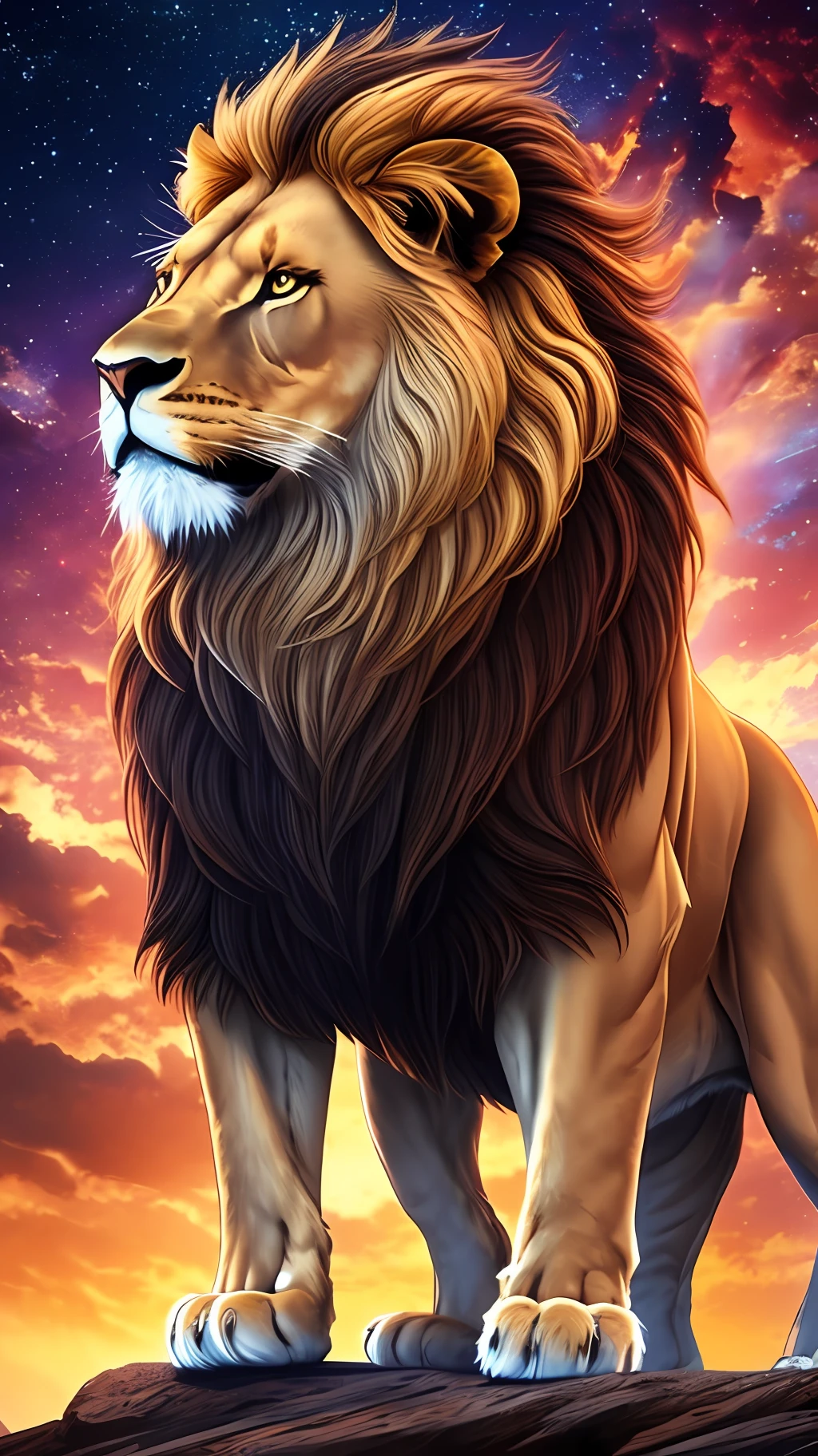 You stand before an imposing lion, with a leadership pose that conveys power and authority. The majestic creature is standing, showing off its entire body in the photo, its long, lush mane flowing in the wind. The background of the image is a magnificent nebula, with soft and delicate colors that contrast with the strength and presence of the lion. The image is a work of art of nature, which represents the perfect harmony between beauty and brute force. Ultra realistic 8k photography --auto --s2