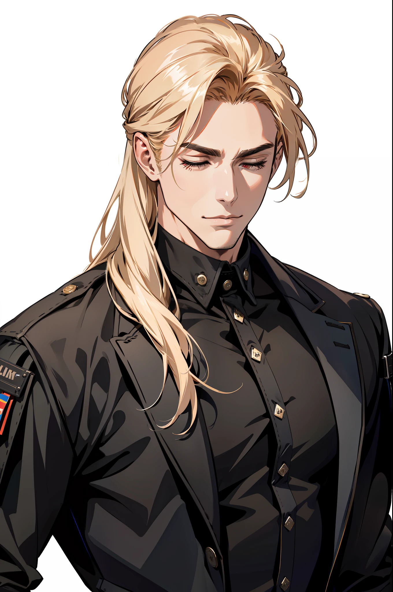 ((MLS)), (absurd res, high res, ultra detailed), 1 male, adult, handsome, tall muscular guy, broad shoulders, blonde long hair, red eyes, finely detailed eyes, looking at viewer, solo, MLS shot, no background, detailed face, smirk, renegade, rugged dark leather clothes, small leather pouch, high fantasy medieval setting, smuggler hideout background, stealth, undercover, (crates in background), shadows, fog, (dutch angle), closed eyes