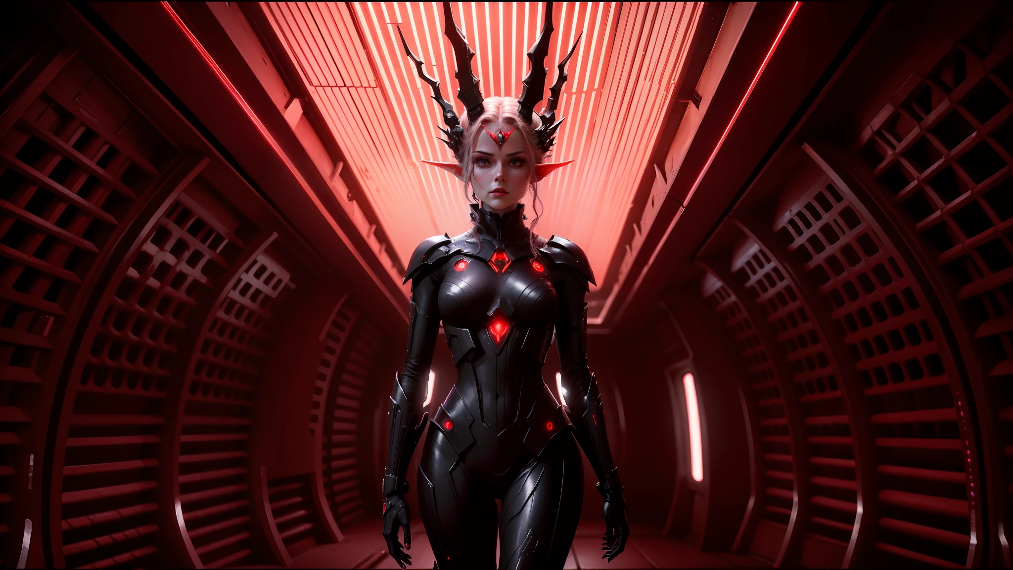 arafed woman in a red light in a dark room, wearing futuristic clothing, movie screenshot, the robot wearing the bone crown, side portrait of elven royalty, inspired by ridley scott, futuristic cloning facility, ferrofluids in background, movie promotional image --ar 16:9 --auto --s2