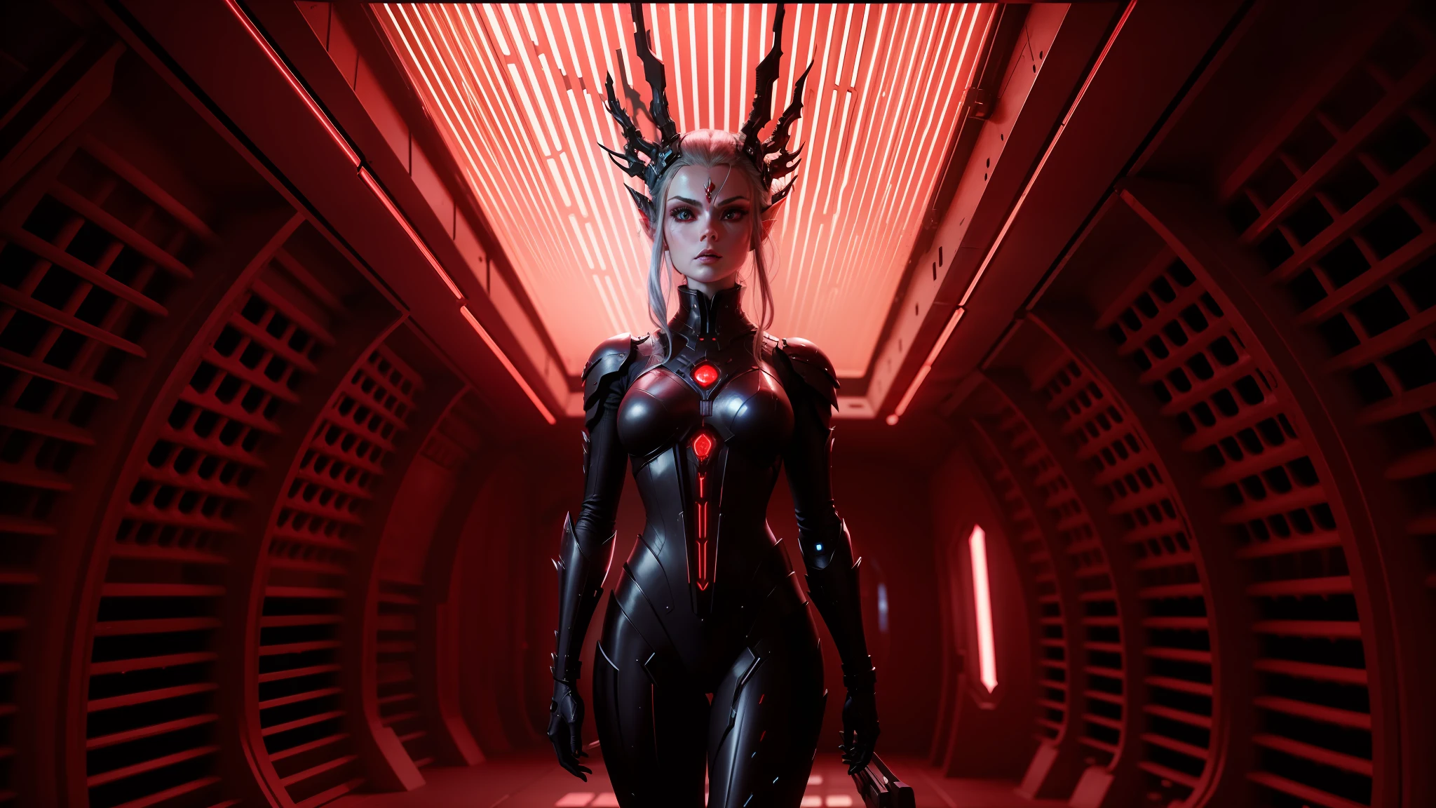 arafed woman in a red light in a dark room, wearing futuristic clothing, movie screenshot, the robot wearing the bone crown, side portrait of elven royalty, inspired by ridley scott, futuristic cloning facility, ferrofluids in background, movie promotional image --ar 16:9 --auto --s2