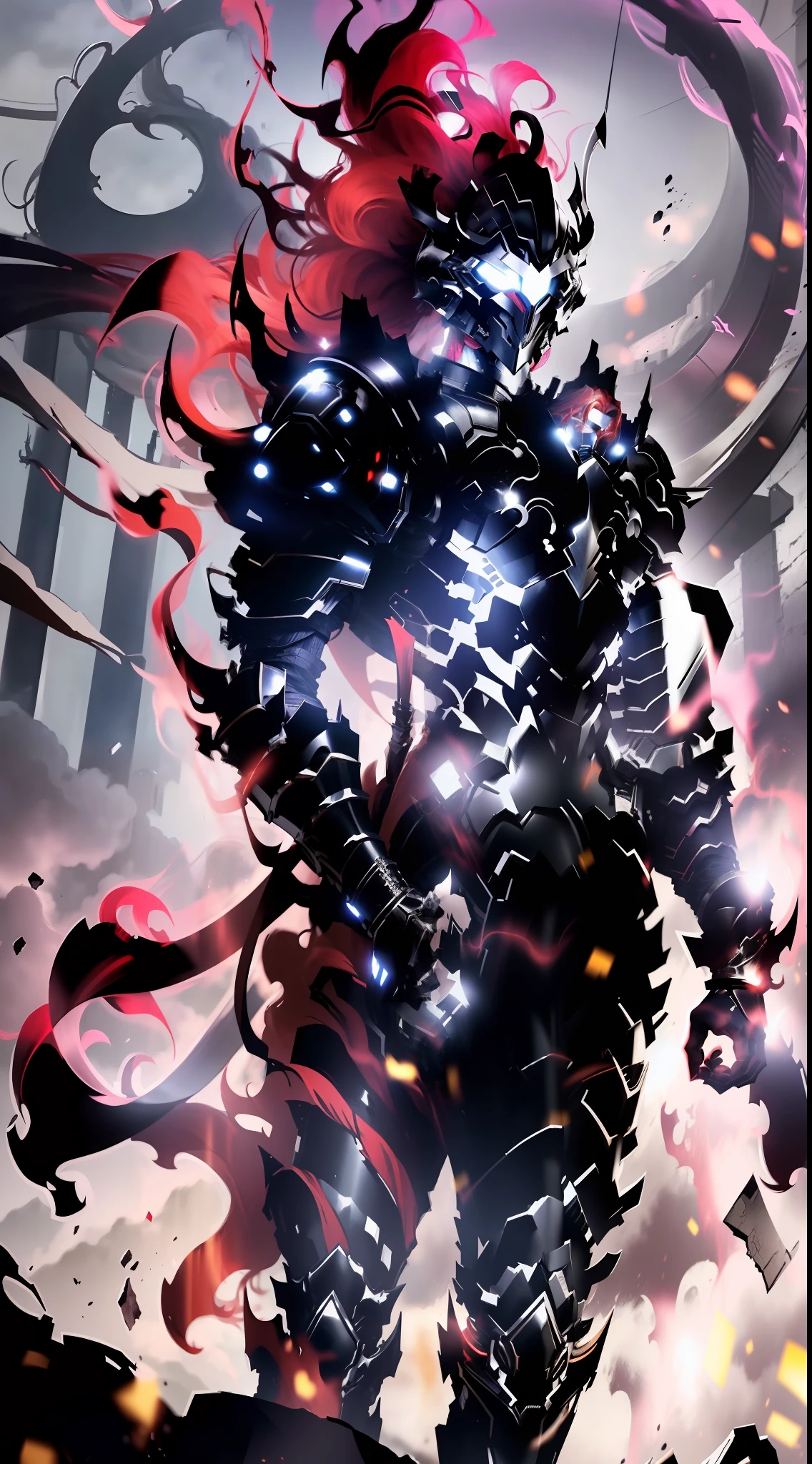 Masterpiece, Best Quality, 8K, Igris ( Solo Leveling ), man tall slender statuesque knight, in dark armor, in helmet, behind the helmet develops a high ponytail of red hair, eyes burn, goes to the viewer, in full growth, background dark throne room