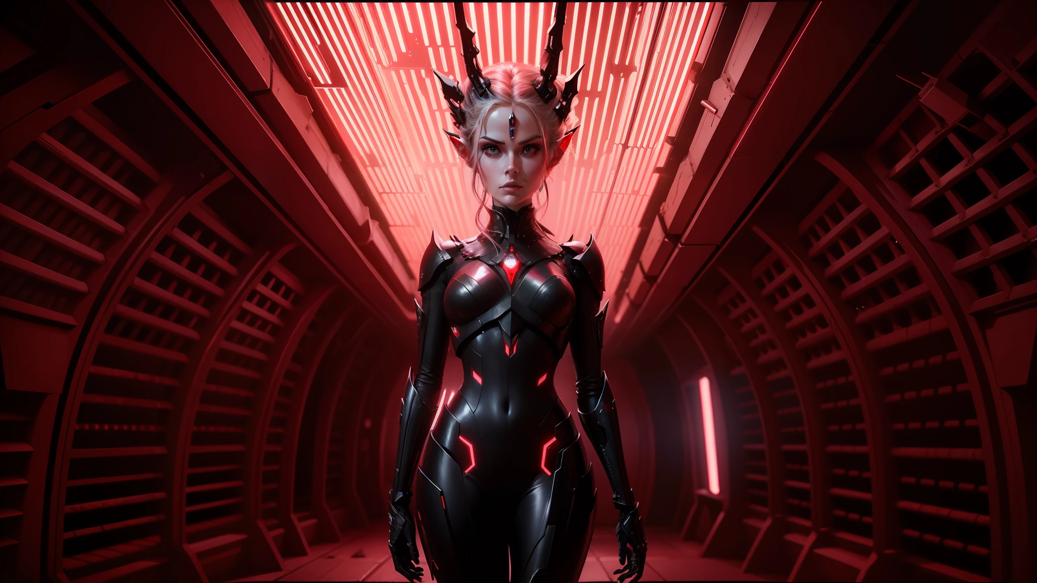 arafed woman in a red light in a dark room, wearing futuristic clothing, movie screenshot, the robot wearing the bone crown, side portrait of elven royalty, inspired by ridley scott, futuristic cloning facility, ferrofluids in background, movie promotional image --ar 16:9 --auto --s2