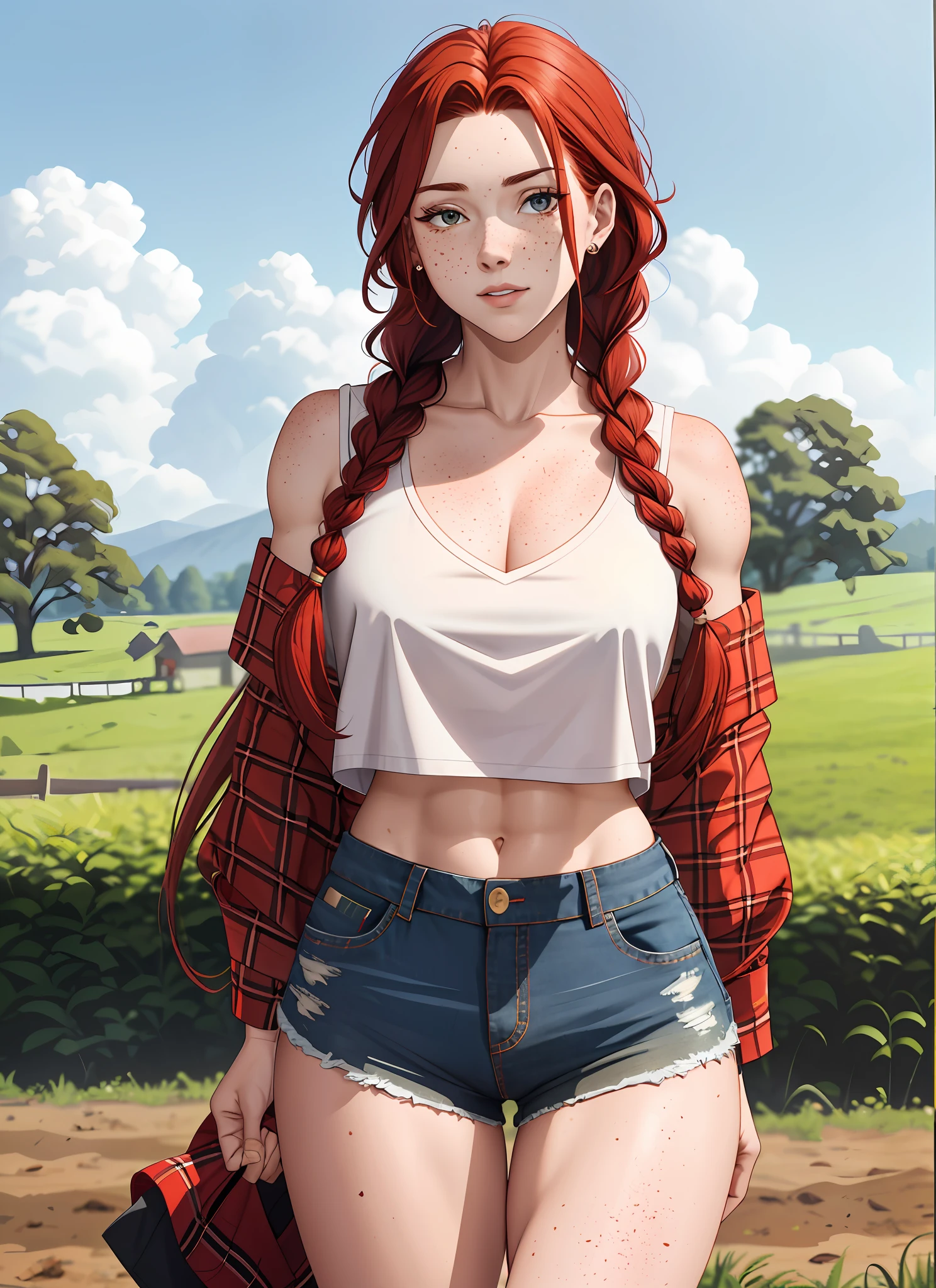 girl, muscular, freckles, long hair, big thighs, ass, straight chest,red hair, braid, short shorts, plaid blouse sleeve fulfilled, (background : farm)