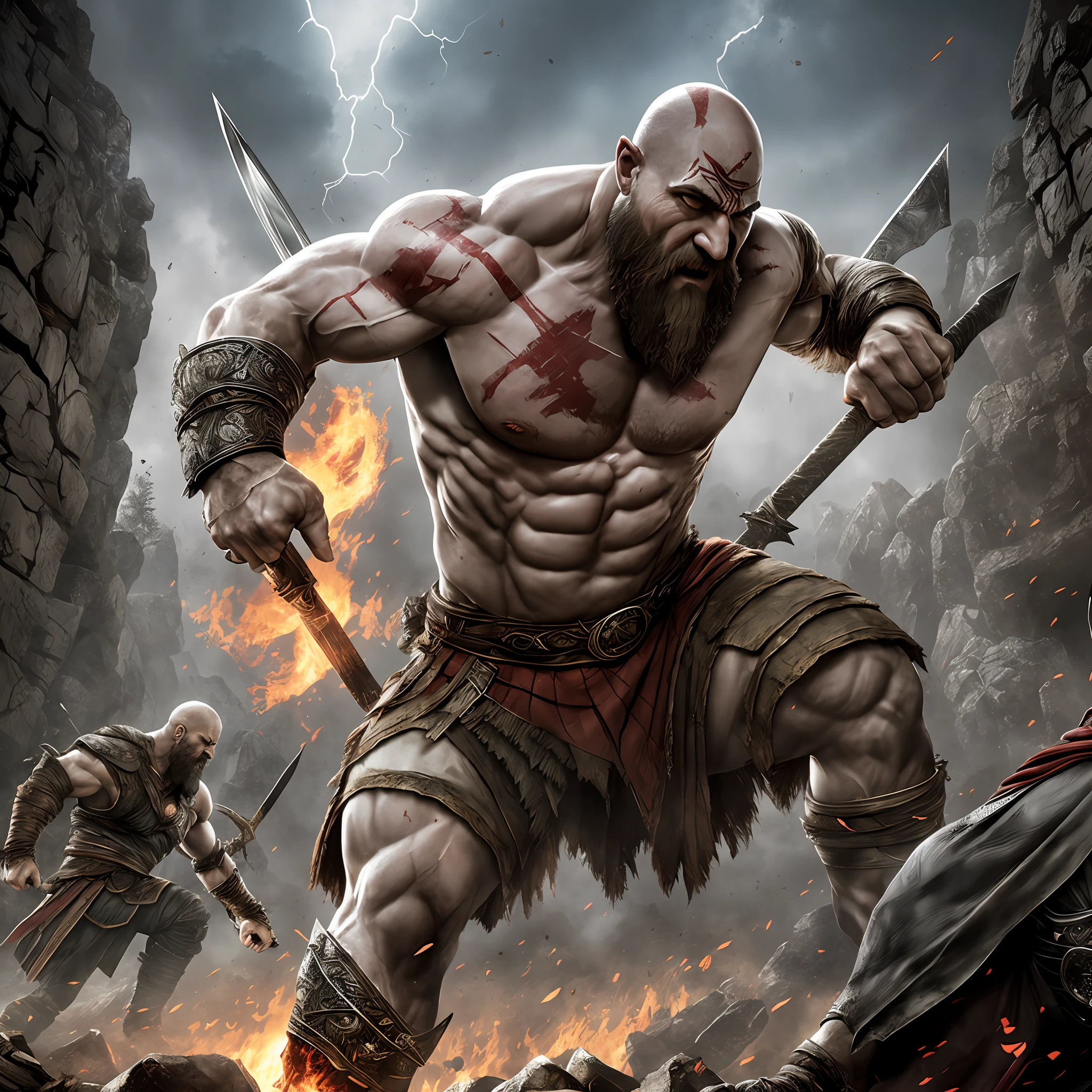 An intense image capturing Kratos and Atreus locked in battle with a fearsome Norse deity, portrayed in an ultra-realistic art style. The artwork showcases the raw power and determination of the characters, with dynamic lighting highlighting their every detail. Sticker, T-shirt design graphic, ultra-realistic, grunge frame, white background. --auto --s2