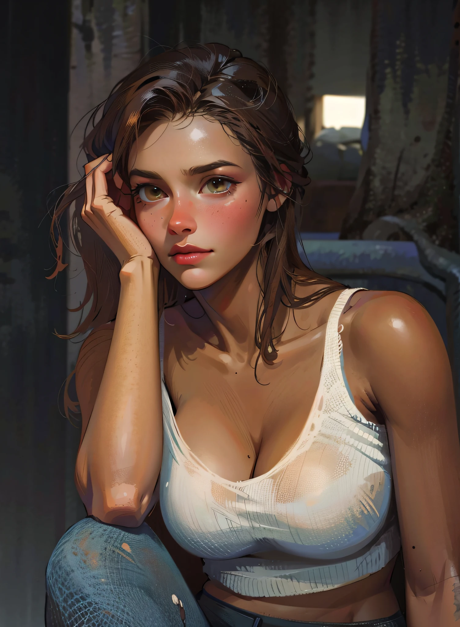 a hyper-realistic portrait of a young woman, half asleep, under a tree, inside a forest, in the middle of nature, 22 years old, realistic, (lying on her side), she is wearing a red panties, (wearing a garter belt and black pantyhose), sexy, (huge breasts 2:1), torn, (all torn), short brown hair, (hair tied with bows), curved, SFW